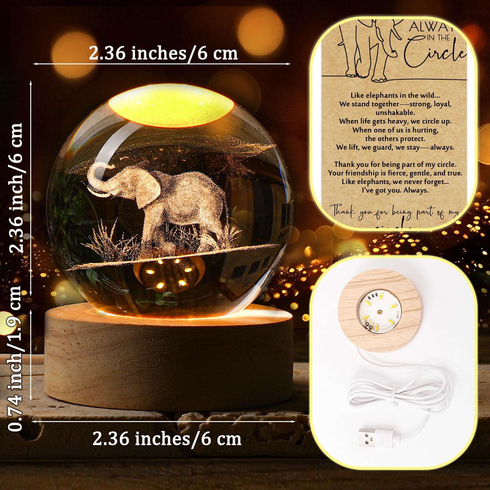 Jetec Set di 10 lampade da notte a forma di elefante in 3D, con base in legno, regalo per amici, migliore amico, dottore, regalo per donne a lunga distanza, per Natale, compleanno