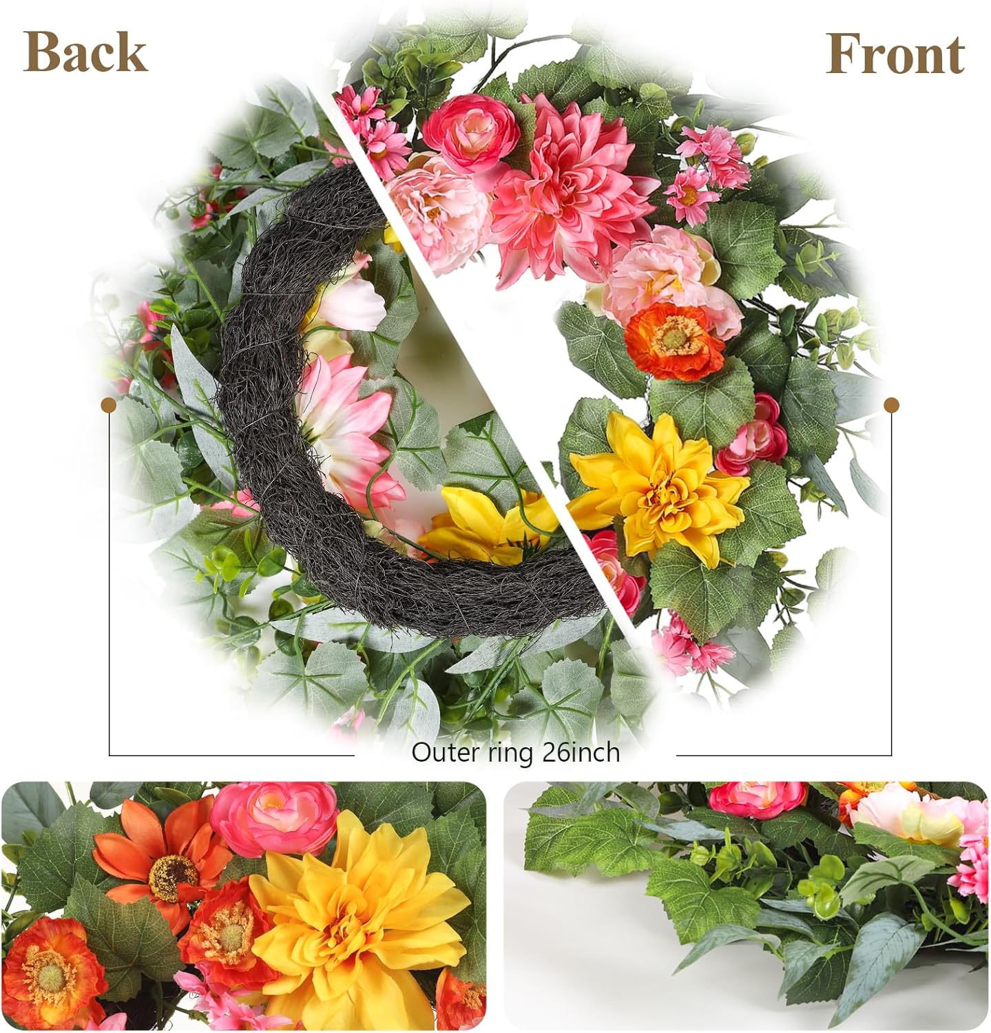 27 Inch Spring Wreaths for Front Door with Dahlia, Peony & Camellia Silk Flowers - Artificial Spring Summer Front Door Wreath Outside for Porch Wall Living Room Home Wedding Decor