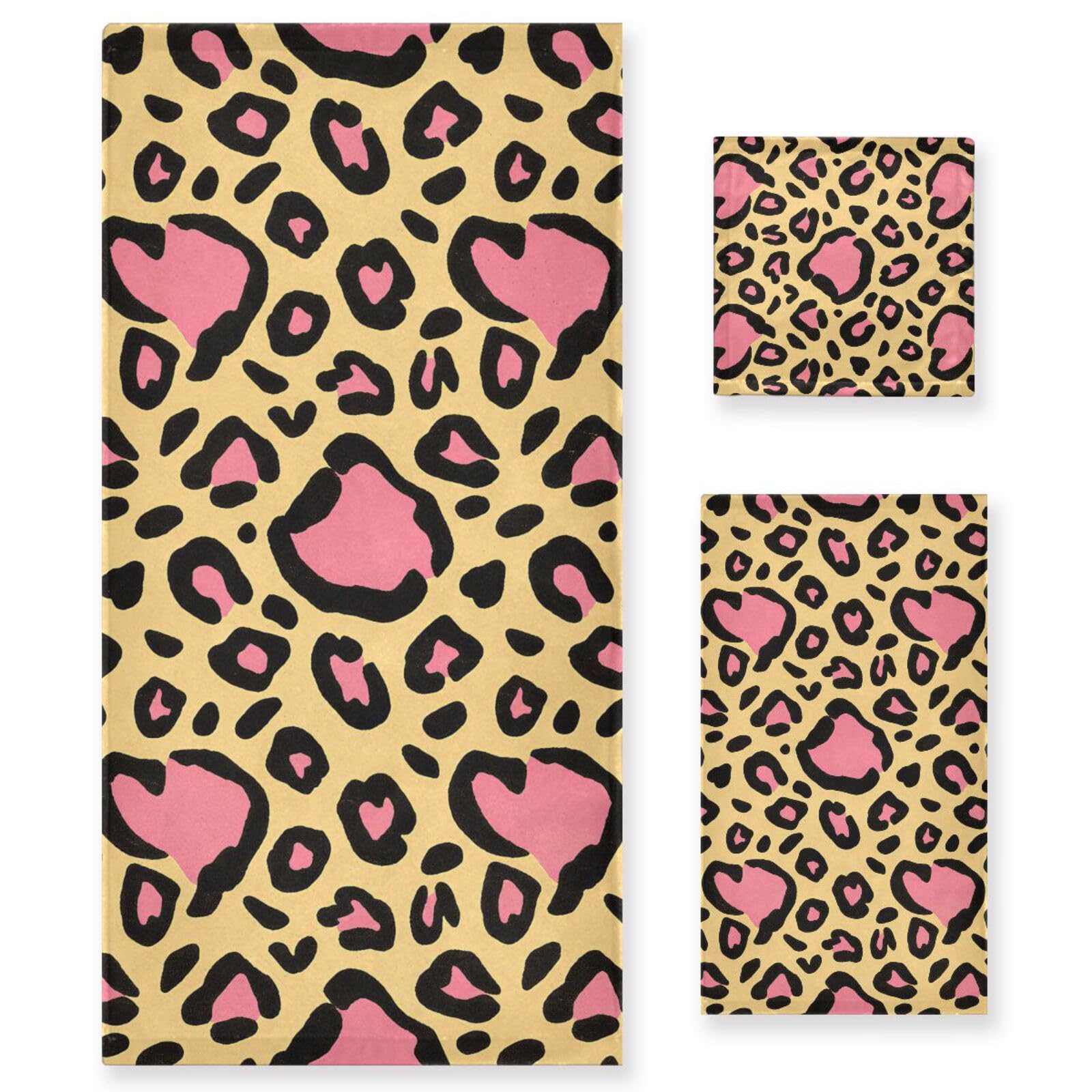 Set di 3 asciugamani per il viso in microfibra con stampa leopardata, 1 asciugamano da bagno, 1 asciugamano per le mani, 1 panno per la spiaggia, capelli, viso, palestra, nuoto, cucina