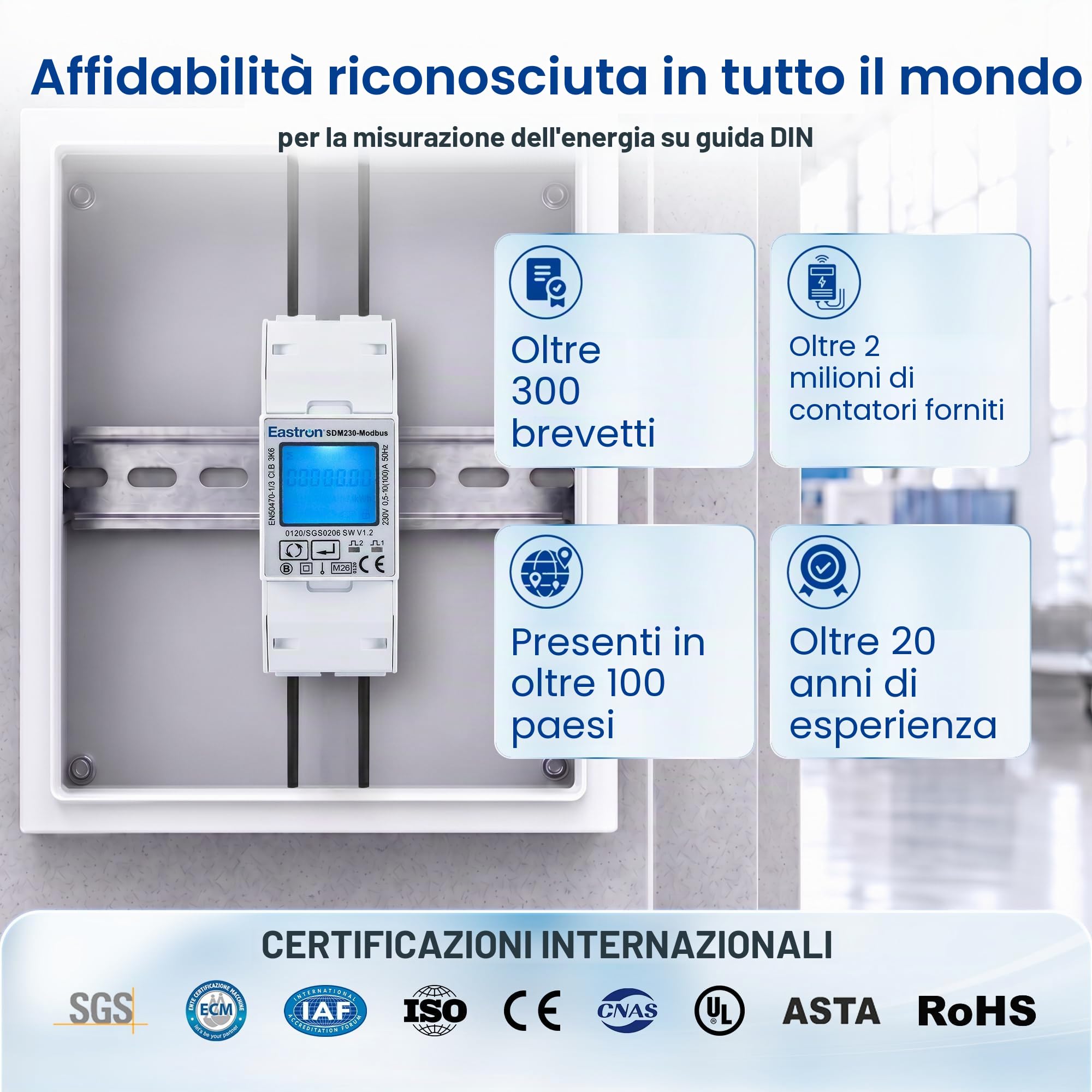 SDM230 Modbus V2 RS485 monofase, misuratore di energia, su guida DIN da 100 Amp kWh, misuratore di impulsi, modbus RS485 RTU. display LCD retroilluminato digitale. certificato MID
