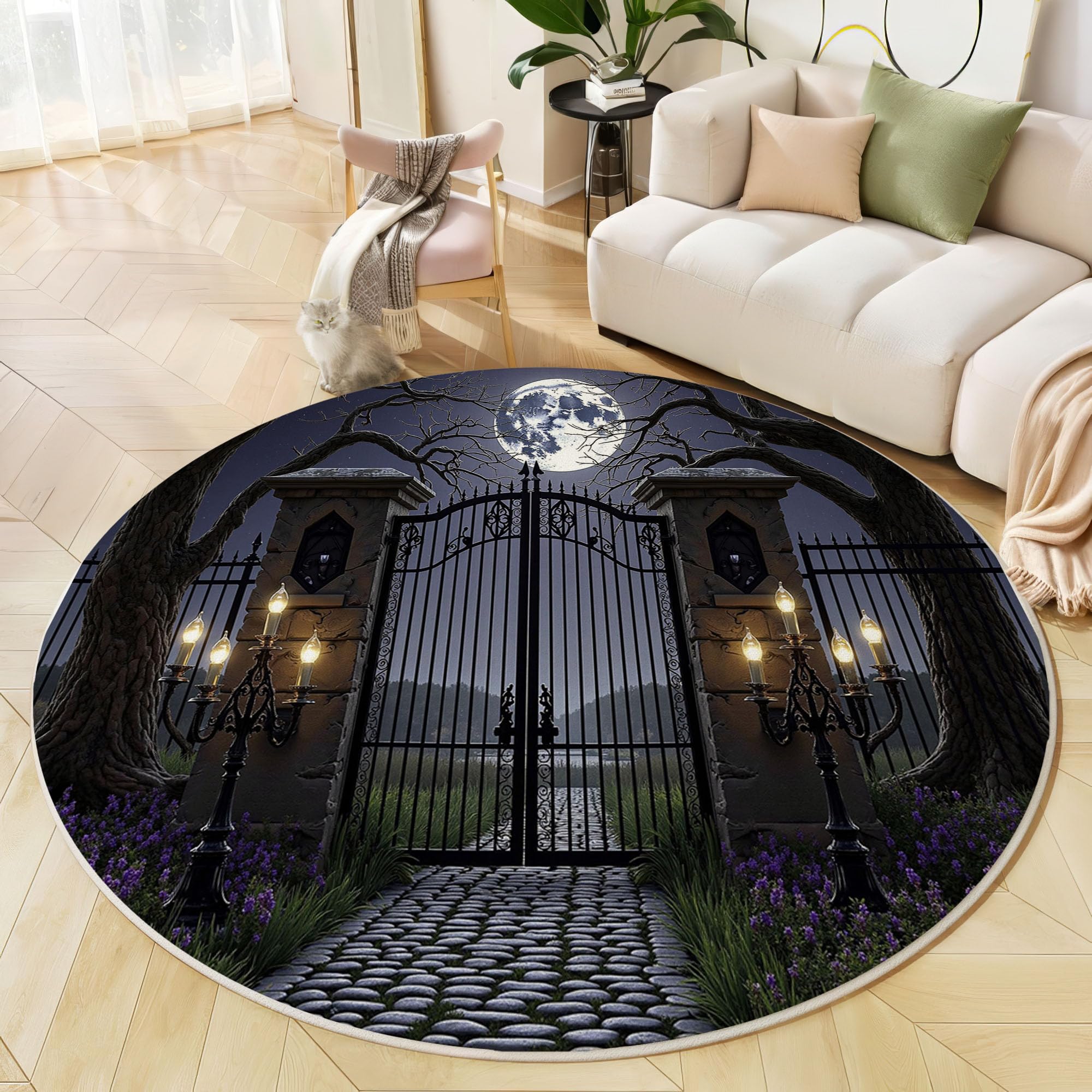 Tapis Rond Imprimé Porte en Fer Lune, Mystérieux Gothique Antidérapant Décoration Bleu Foncé Tapis de Sol, pour Chambre d'enfant Salle de Jeux Salon Chambre Cuisine Balcon 120cm