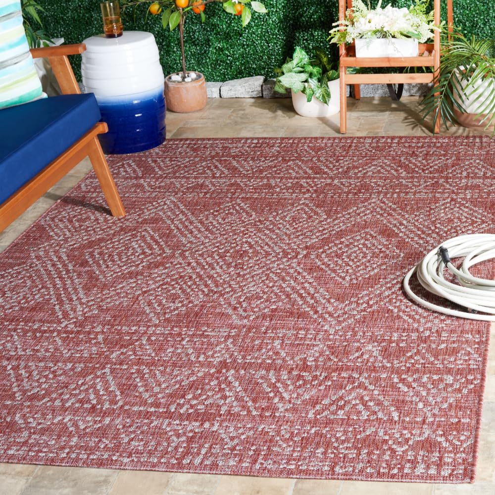 SAFAVIEH Washable Rug Outdoor Courtyard Collection - 6'7' x 9'6', Red & Beige, Non-Shedding & Easy Cleaning, Ideal for Patio, Backyard, Mudroom (