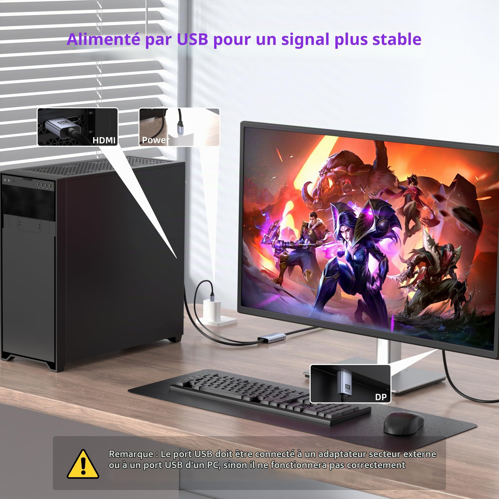 Adaptateur de câble fairikabe HDMI 2.1 vers DisplayPort 1.4 4K@144Hz (1,8 m), câble actif unidirectionnel HDMI source vers moniteur DisplayPort 4K120Hz/8K, convertisseur pour ordinateur, PC, PS5, Xbox