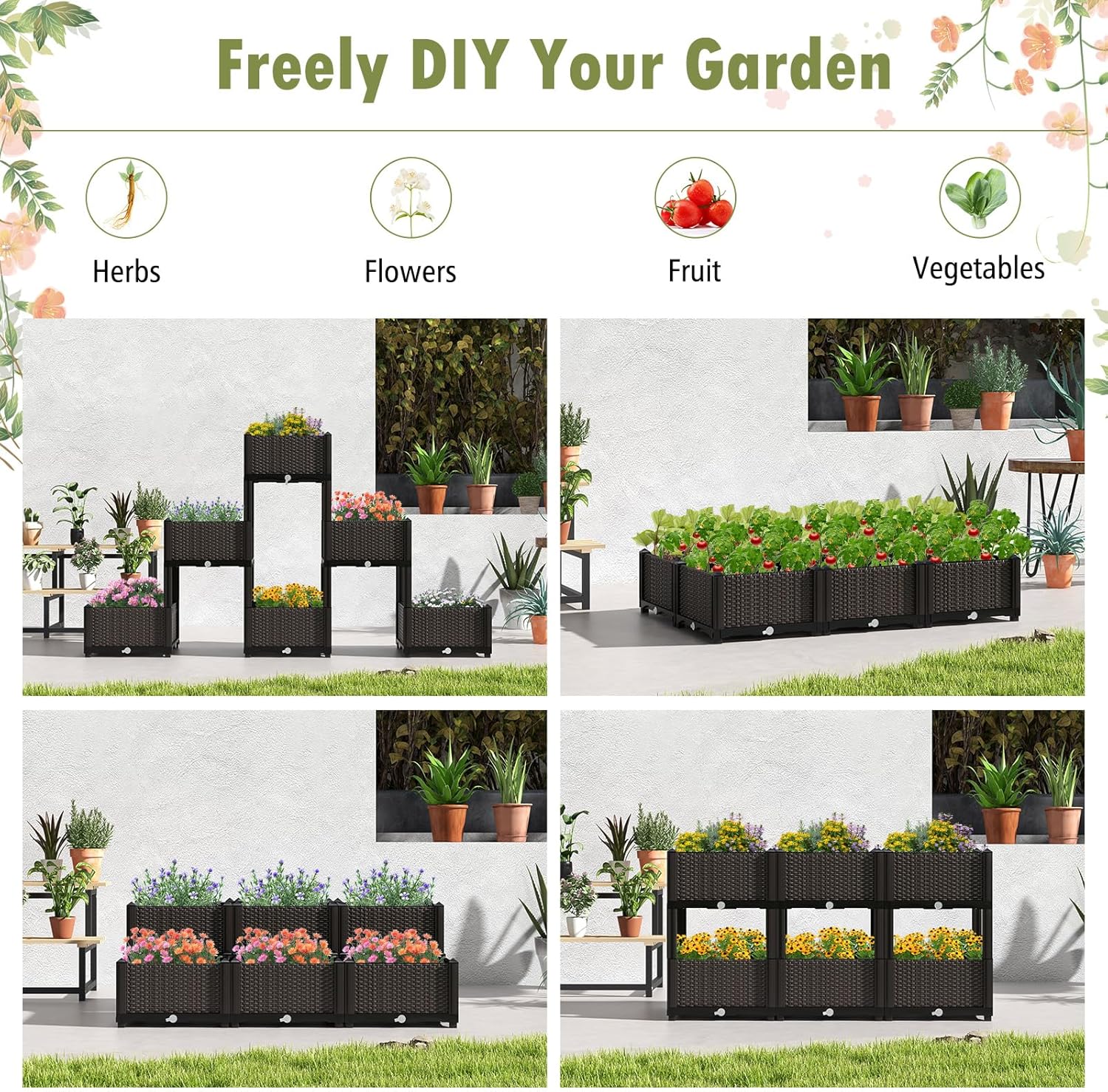 HAPPYGRILL Outdoor Raised Garden Bed, 6 Raised Planter Box with Removable Legs & Brackets, Self-Watering System, Drainage Holes, Raised Beds for Gardening, Vegetables, Fruits, Flowers, Herbs
