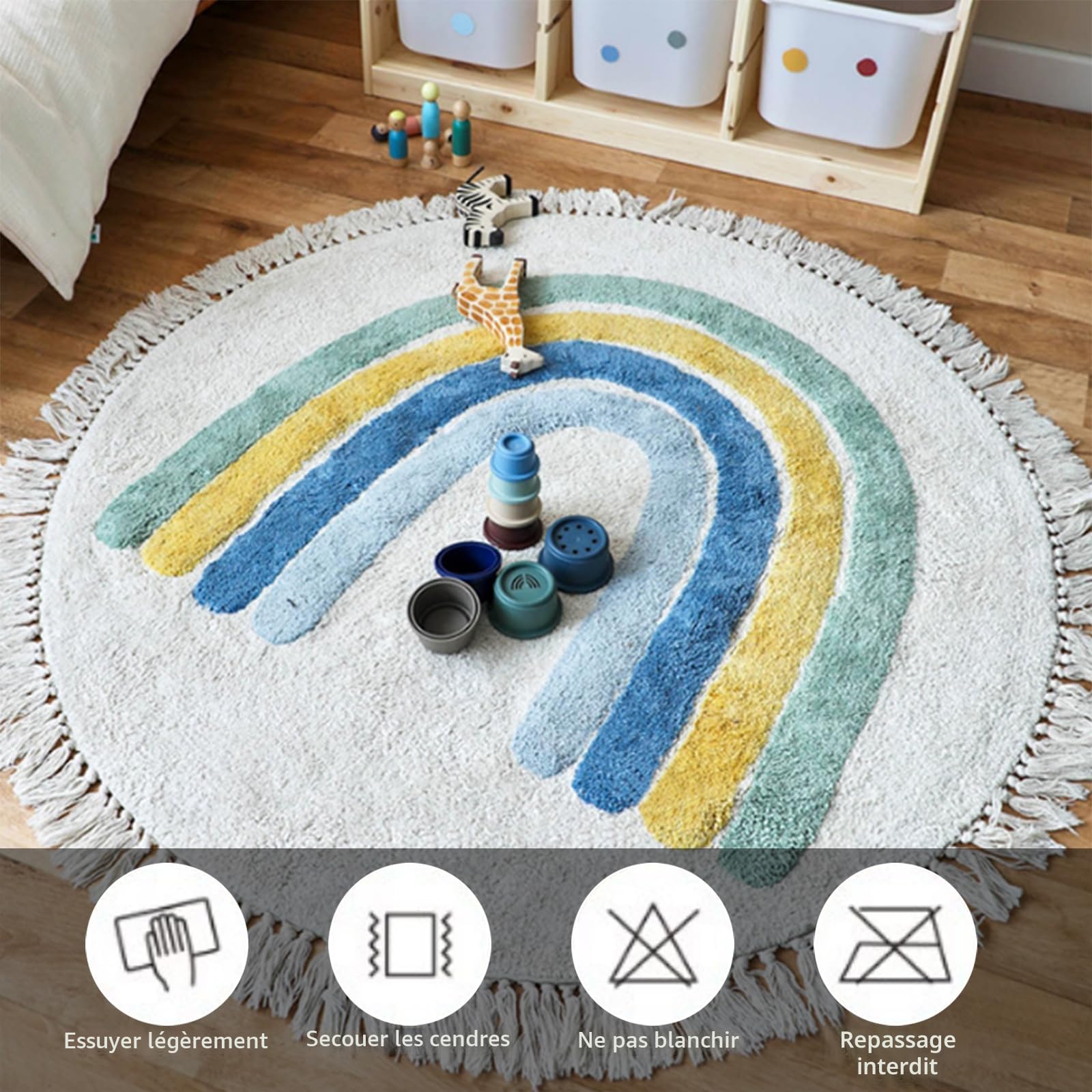 Tapis de jeu rond enfant arc-en-ciel lavable antidérapant rose 60 x 60 cm