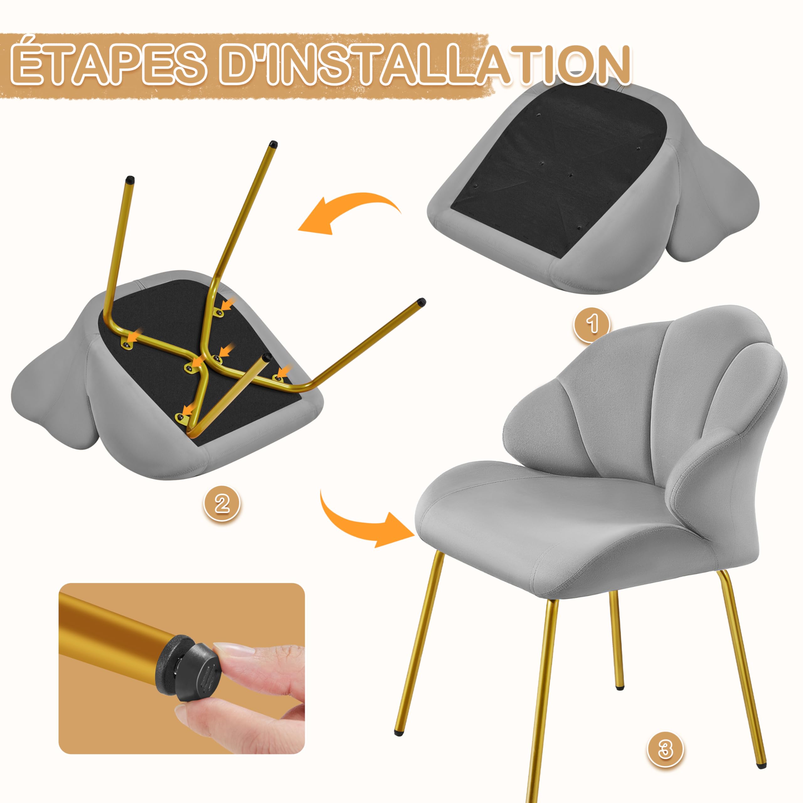 Yaheetech Fauteuil de Salon Moderne, Design Coquillage, Chaise de Chambre à Coucher Confortable, Rembourré, Ergonomique, Fauteuil en Velours avec Dossier, Pieds en Métal Plaqué Or Gris Clair