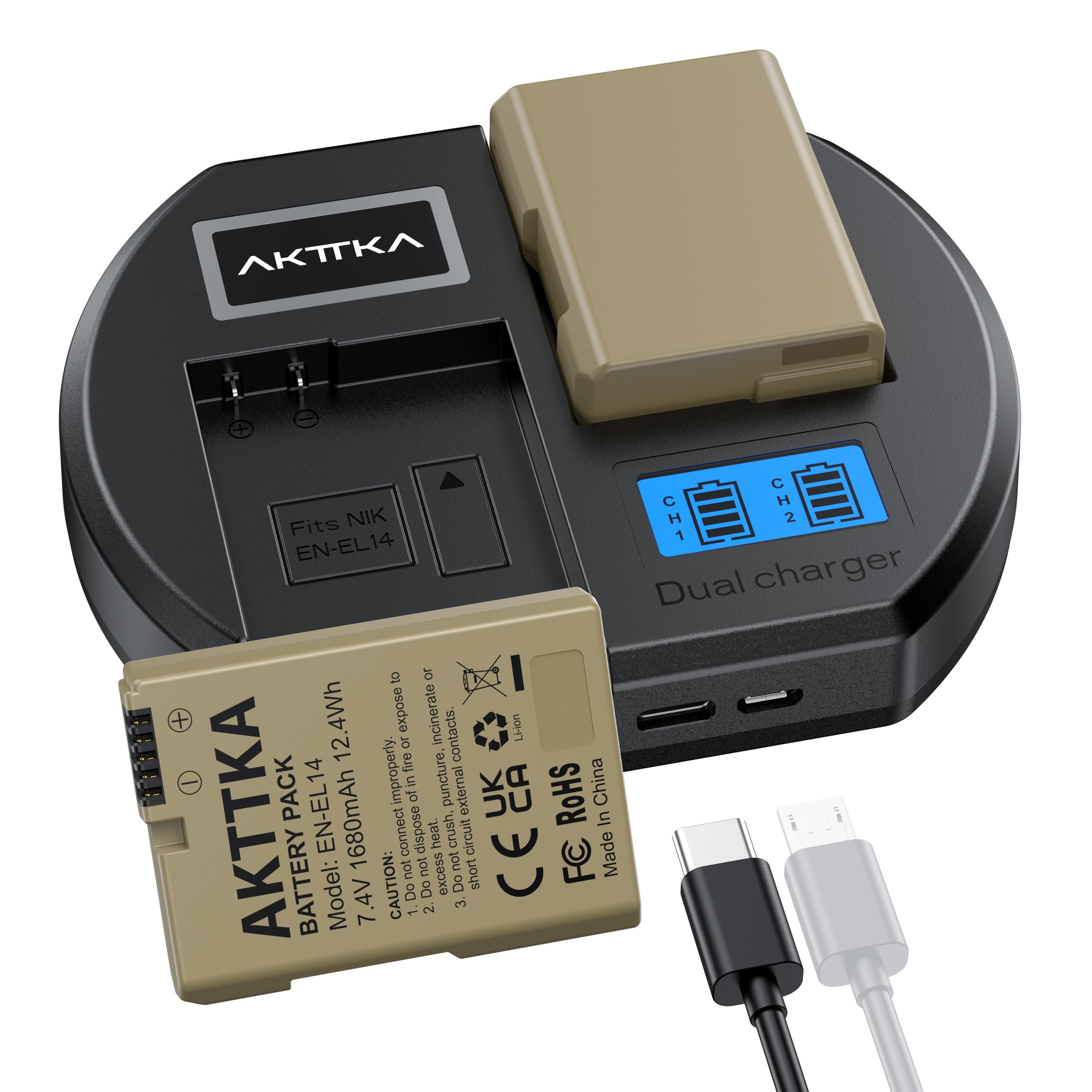 Batterie EN-EL14/EL14a (Lot de 2) & Chargeur Double USB – 1680mAh Haute Capacité pour Nikon D3100/D3200/D3300/D3400/D3500, Coolpix P7000/P7100/P7700/P7800 et Plus