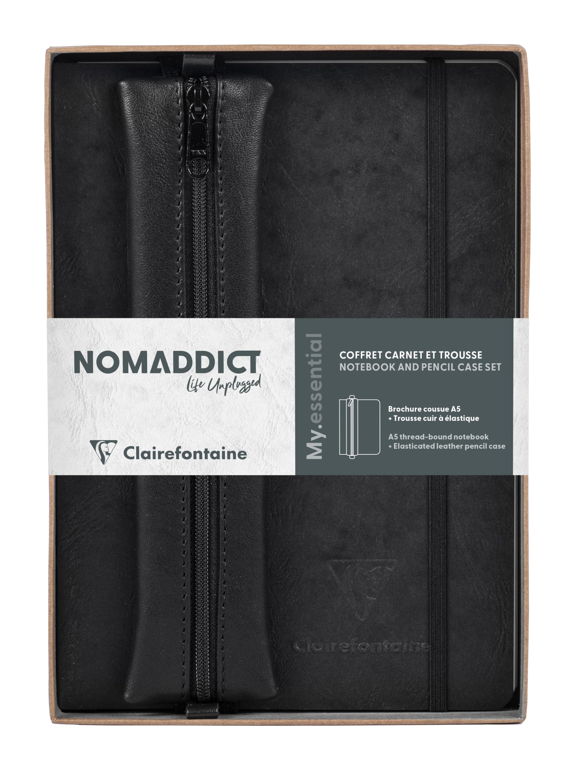 Clairefontaine 793438C - Coffret My.Essentials A5 DOT + trousse Cuir Plate à élastique Noir