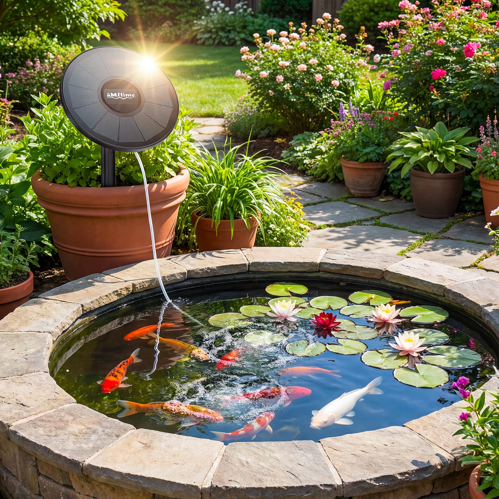 AMZtime Aireador solar de oxígeno, bomba de aire solar de estanque de 3 W con 2 modos de burbuja para acuario, pecera, estanque pequeño al aire libre, hidroponía