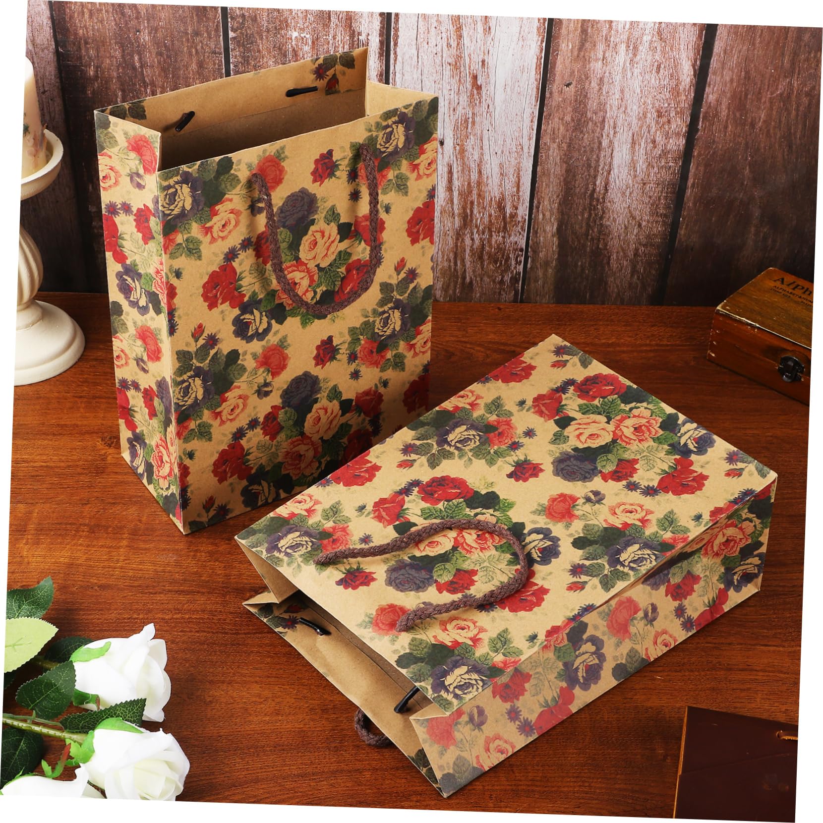 COLLBATH Geschenktüte Groß 40x30 Papiertüten mit Rosenmuster 12 Stück Kraftpapier Tragegriffe Stabilem Boden für Geburtstage und Einkaufen