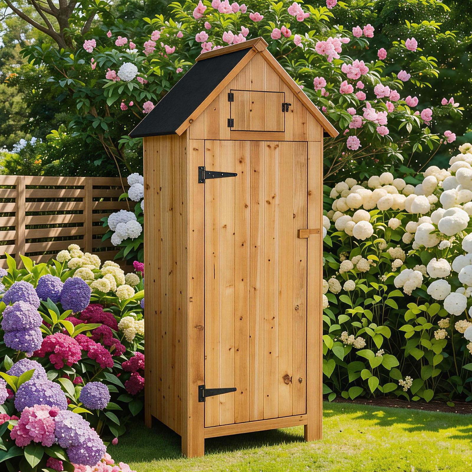 Wooden Garden Shed with Single Door and Slope Roof, Outdoor Storage Shed, Waterproof Utility Wooden Lockers, 77 x 54.3 x 179 cm, Wood Color — view 8