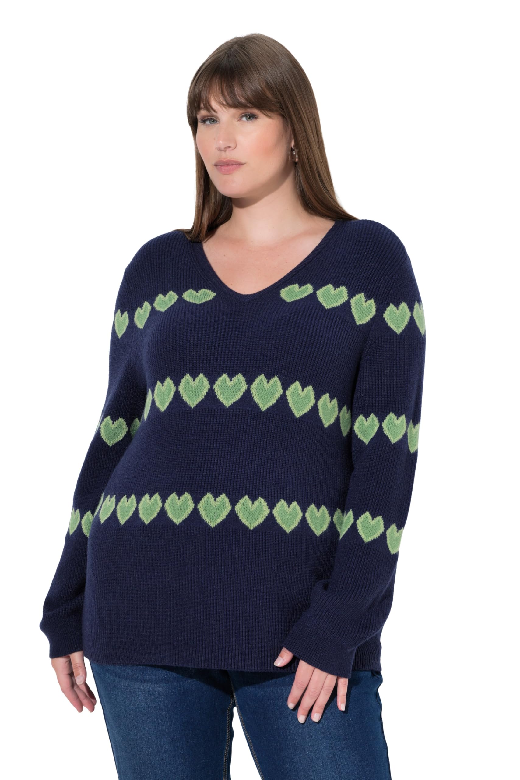 Ulla Popken Damen große Größen Übergrößen Plus Size Pullover, Herzen, V-Ausschnitt, Langarm 835017