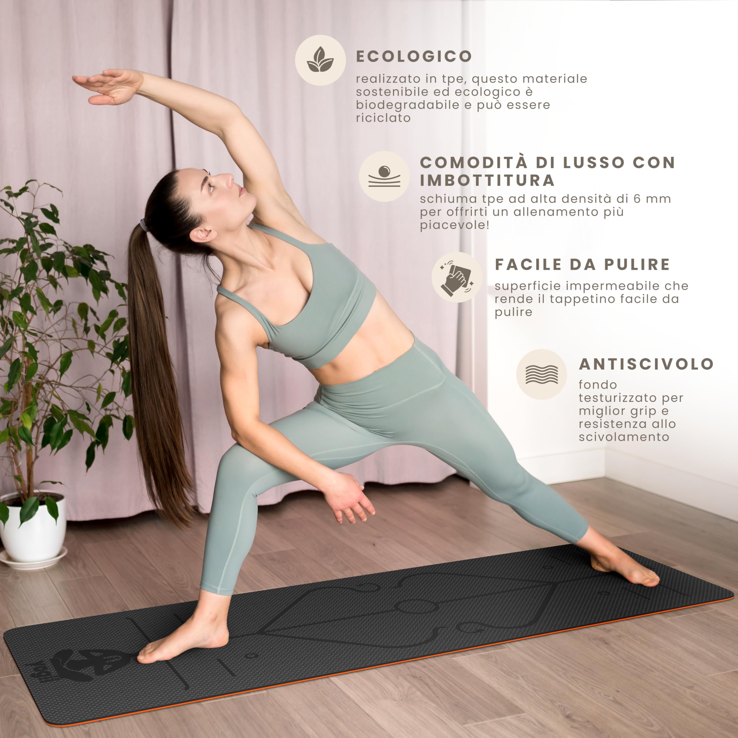 Yogii Tappetino Yoga Antiscivolo Ecologico - 183 x 61 x 0.6cm Tappetino Palestra Spesso in TPE di Alta Qualità - Tappetino Fitness Antiscivolo - Tappetino Pilates Antiscivolo - Yoga Mat