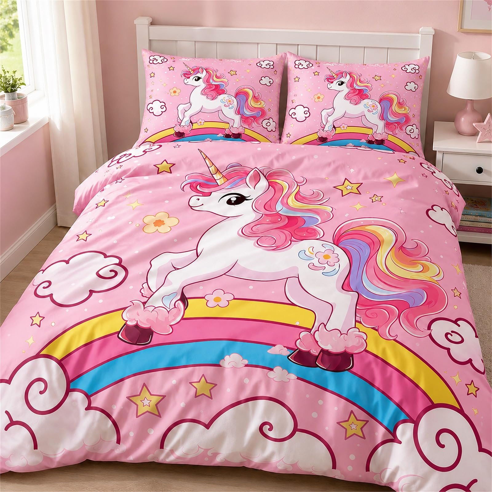 Vryxel Girls Kids Unicorn Rainbow Bedding Single Duvet Cover Set Bed Zipper Pink 135 x 200 CM