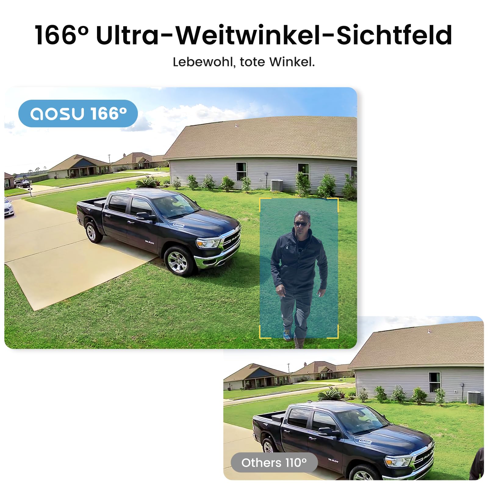 aosu 2K Überwachungskamera Aussen Solar Akku, 32G Lokal, Ohne ABO Nötig | 2 Cam Kit, 166° Weitwinkel, 365 Tage Akku, PIR Personenerkennung, Scheinwerfer, 2-Wege, IP66, für Haus & Garten