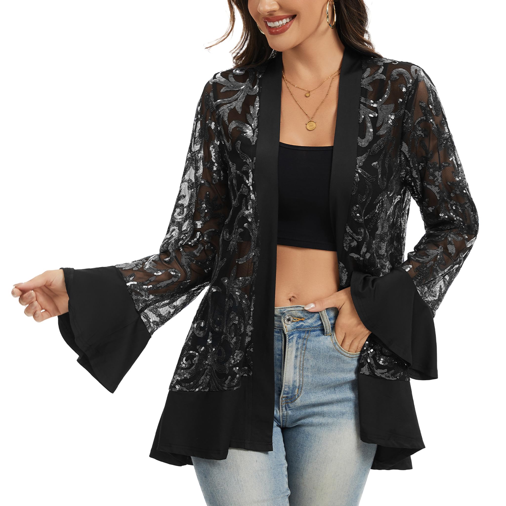Anna-Kaci Womens Sequin Lace Mesh Cardigan Jacket with Open Front Trim for Party Holiday and Evening Wear