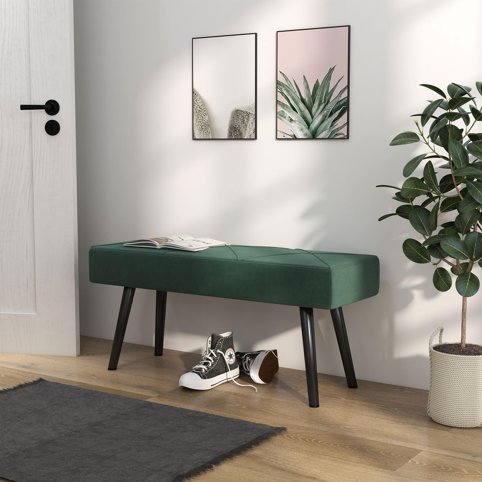 HOMCOM Sitzbank mit Samtoptik Stahlbeinen 100 x 35 x 47 cm Grün | Polsterbank, Bettbank, Schuhbank, für Schlafzimmer, Wohnzimmer, Flur