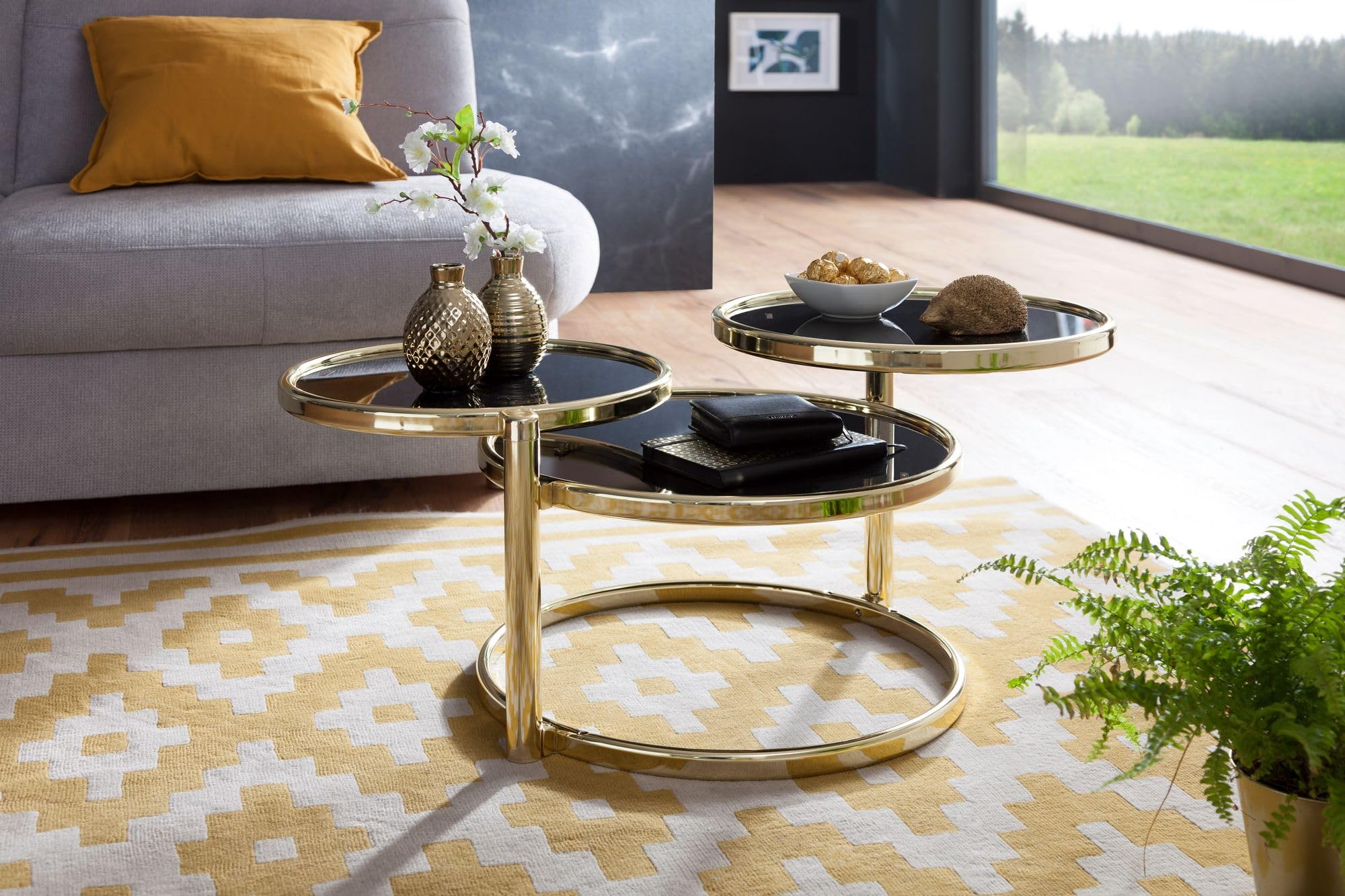 Wohnling Couchtisch 58x43x58 cm Glas Metall Schwarz Gold, 3 Tischplatten