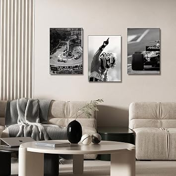 Joalpysm 3PCS F1 Racing Poster Set, Classic Black & White Wall Art Collection, 30x40cm Large Canvas Prints of Supercars, Track & Driver for Modern Home & Office Decor Man Cave
