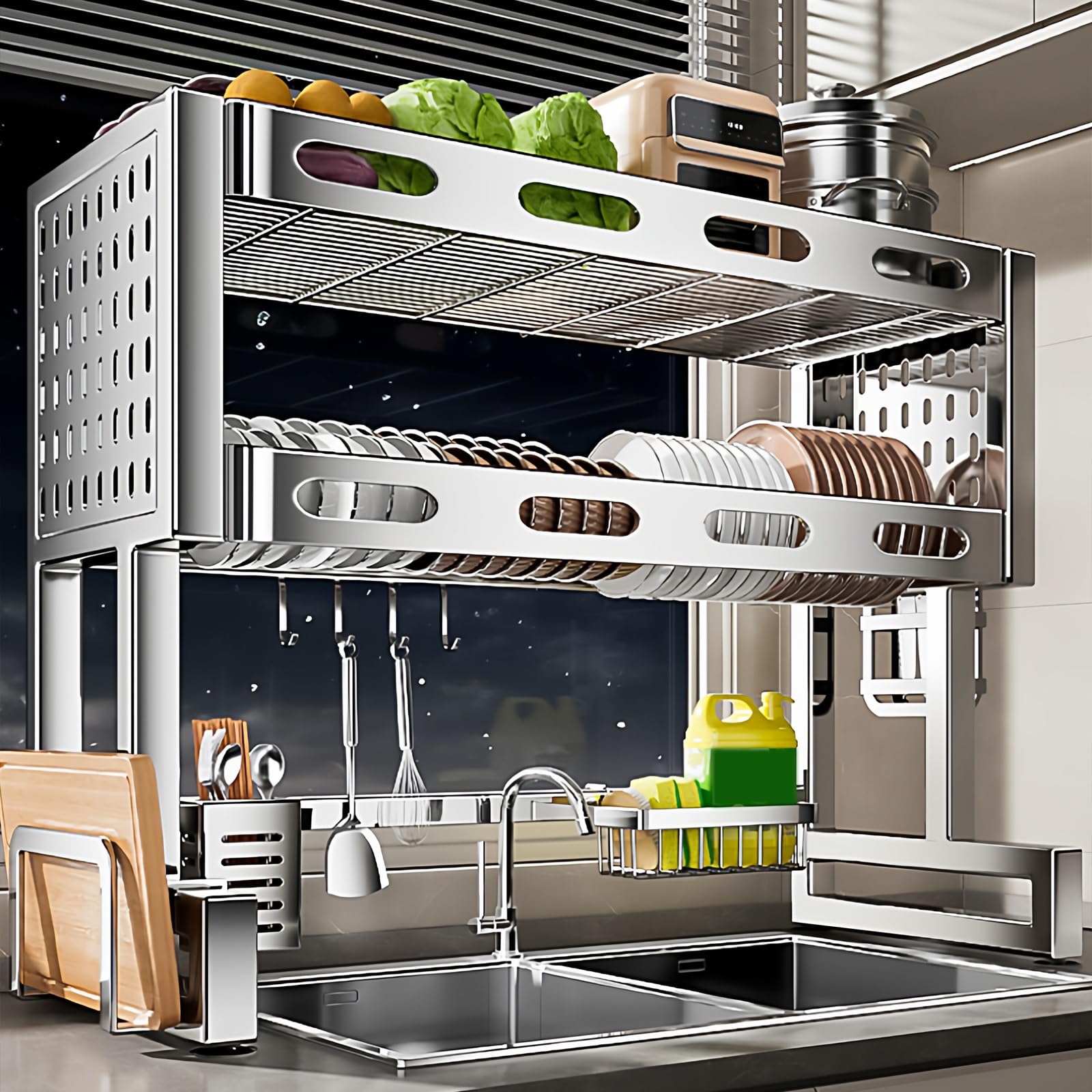 Escurridor de Platos sobre el Fregadero, de Acero Inoxidable, con Soporte para Cubiertos extraíble, mostrador de Almacenamiento de vajilla de Cocina, Ahorra Espacio, para Platos, Vasos y Cue