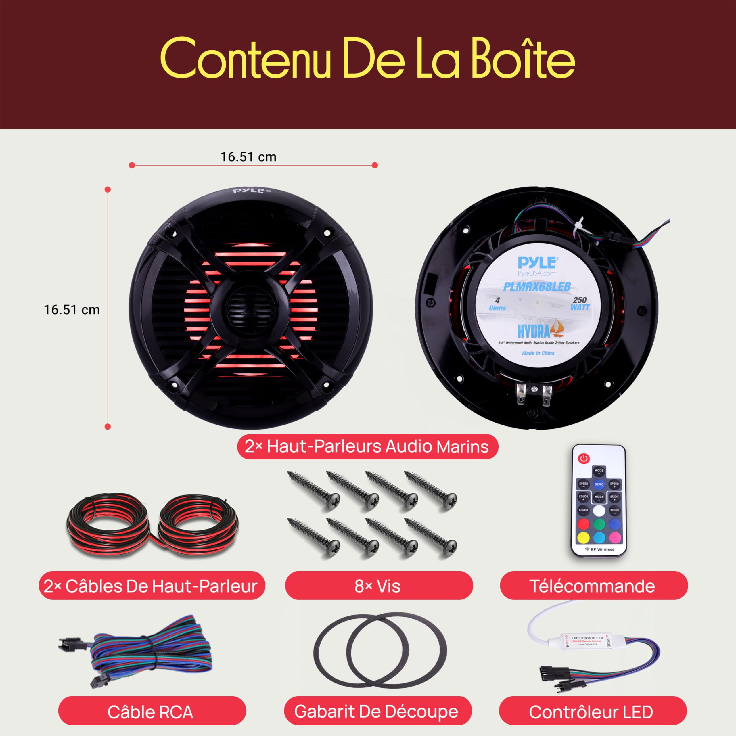 Pyle Haut-Parleur Marin Dual 6,5” Étanche - 250W Système Audio Stéréo Radio Voiture/Bateau Résistant aux Intempéries avec Lumières LED, Câble de Montage et Grill - 1 Paire (Noir)