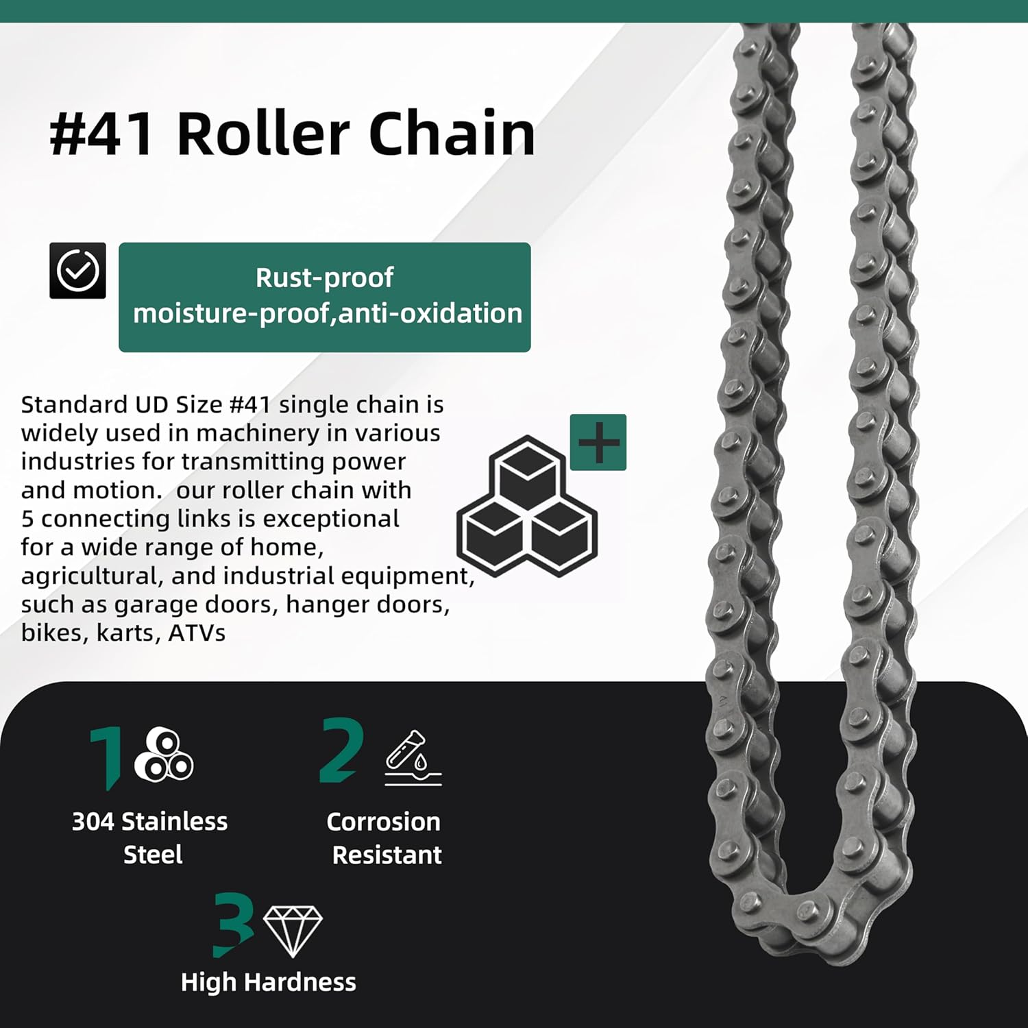 #41 Roller Chain 20 Feet Carbon Steel Chains with 5 Connecting Links Pitch for Chain Driven Sliding Gate Opener, Mini Bikes, Scooters, Garage Hanger Door Karts Bike