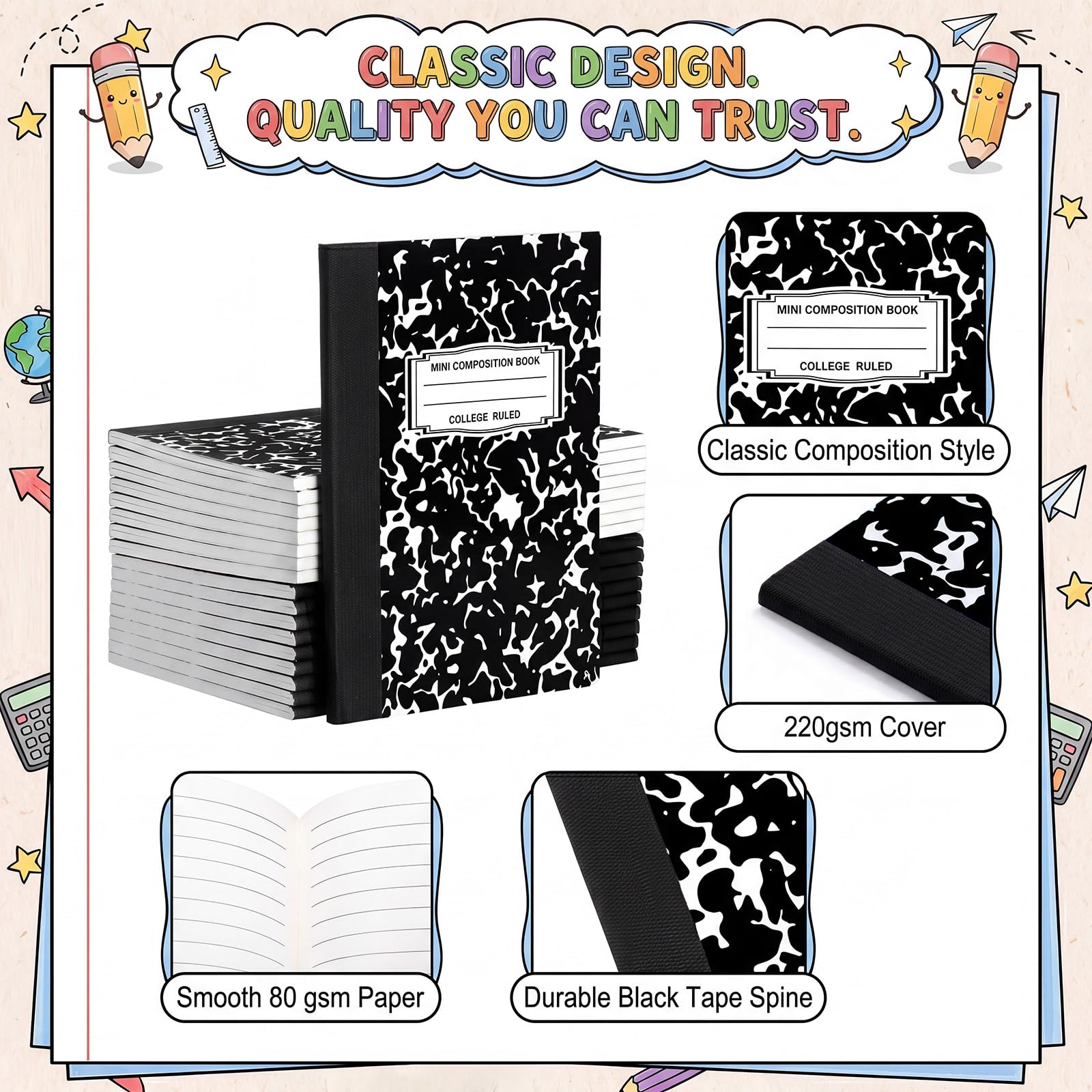 Resurhang Confezione da 200 mini quaderni tascabili per composizione universitaria a righe 11,4 x 8,3 cm, piccoli quaderni per diario, 30 fogli/60 pagine, copertina marmorizzata per scuola e ufficio