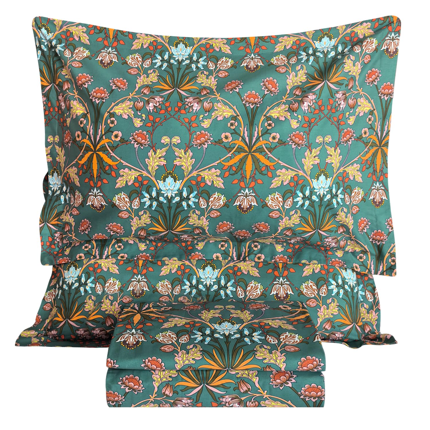 QSH 100% Cotton Sheets King Size Bed, Floral Pattern Botanical Luxury Cotton Printed Floral Sheets Size Sets Extra Soft and Breathable 4pcs Deep Pockets Bedding Sheet