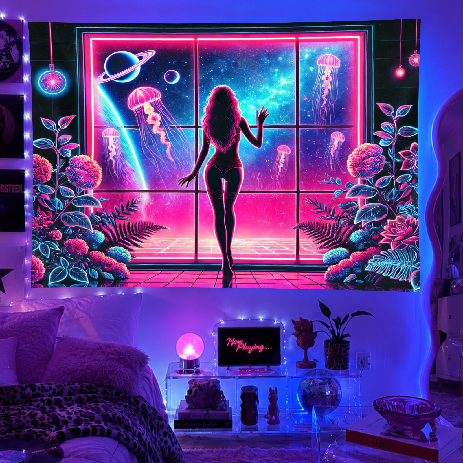 BlissYard Blacklight Tapestry Neon Jellyfish Glow Backdrop 78 x 59 Inch