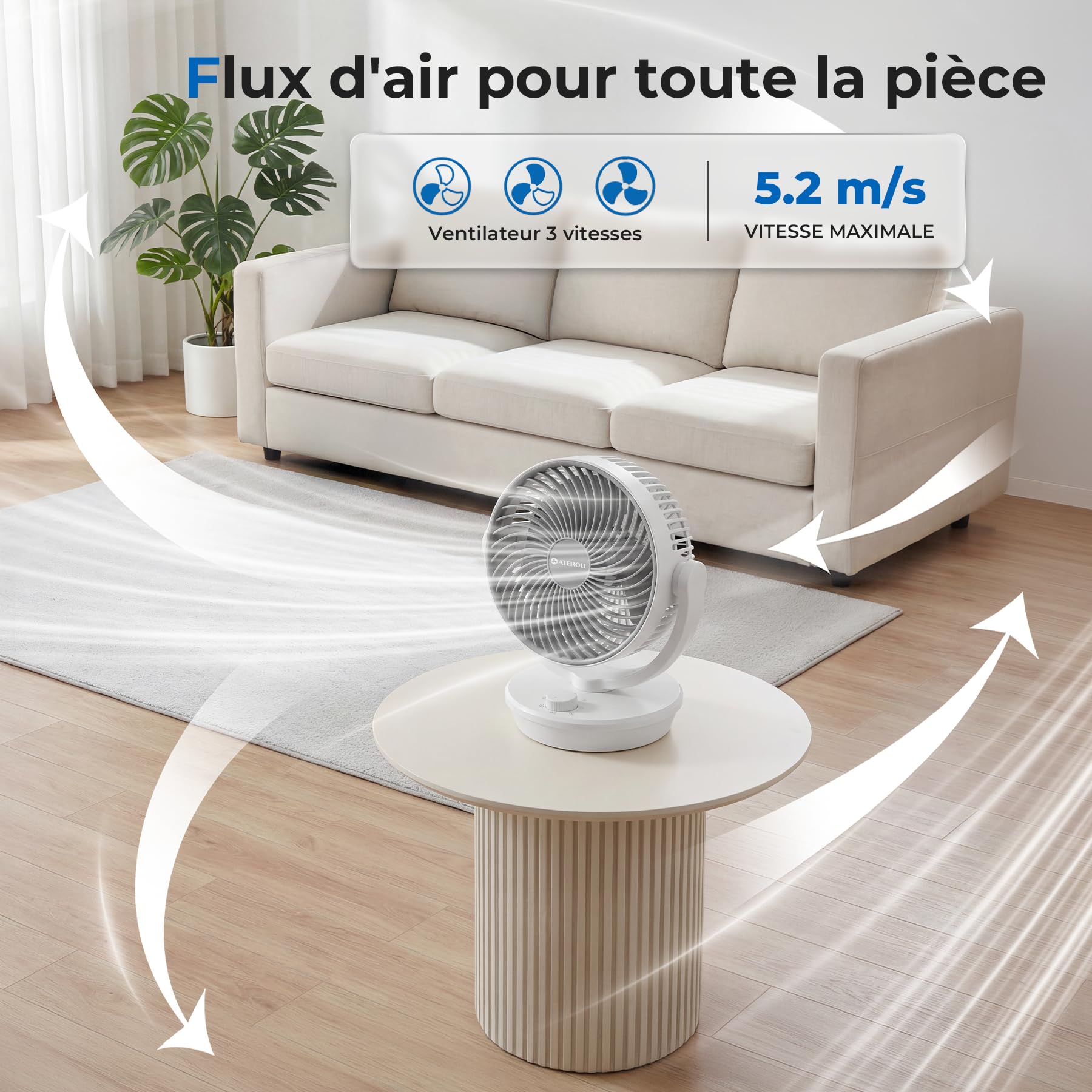 Ateroll Ventilateur Ultra Silencieux 27,5 cm, Ventilateur de Table Petit Circulateur d'Air 3D Turbo 3 Vitesses, 130° Vertical & 100° Horizontal Oscillant, Silencieux pour Chambre Salon Bureau