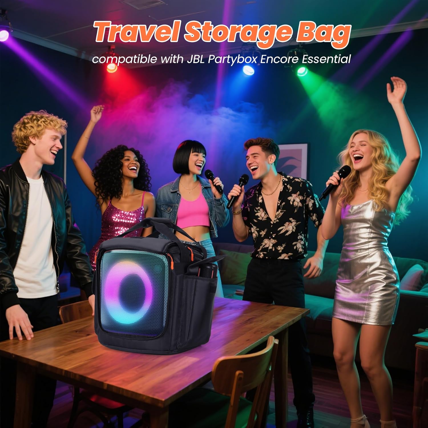 Speaker Bag Compatible with JBL Partybox Encore Essential 2 / Essential, Speaker Carrying Case Padded with Multi-pocket for Encore Essential 2, Portable Speaker Travel Bag with Shoulder Strap & Handle