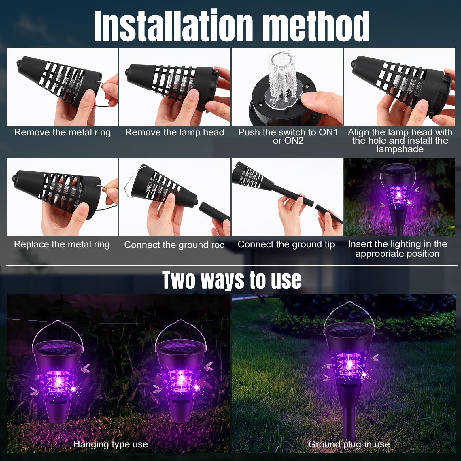 Qualirey 4 Stück Solar Insektenvernichter & Mückenvernichter für den Außenbereich, wasserdicht, kegelförmiges LED-Licht, Mückenschutz für Terrasse, Garten, Hof, Camping – Hänge-/Einsteckdesign