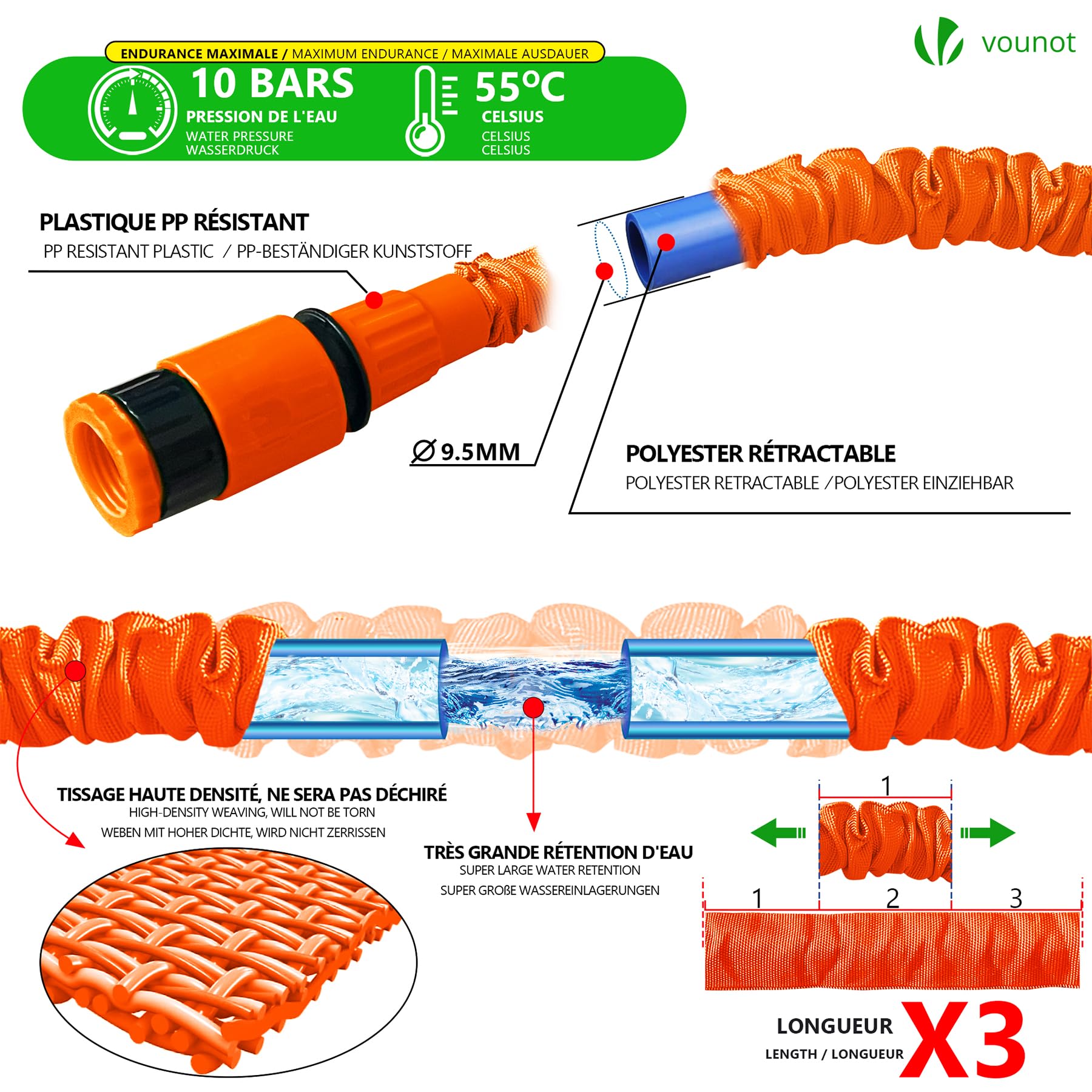 VOUNOT Tuyau d'Arrosage Extensible 15m Renforce avec Accessoires noir