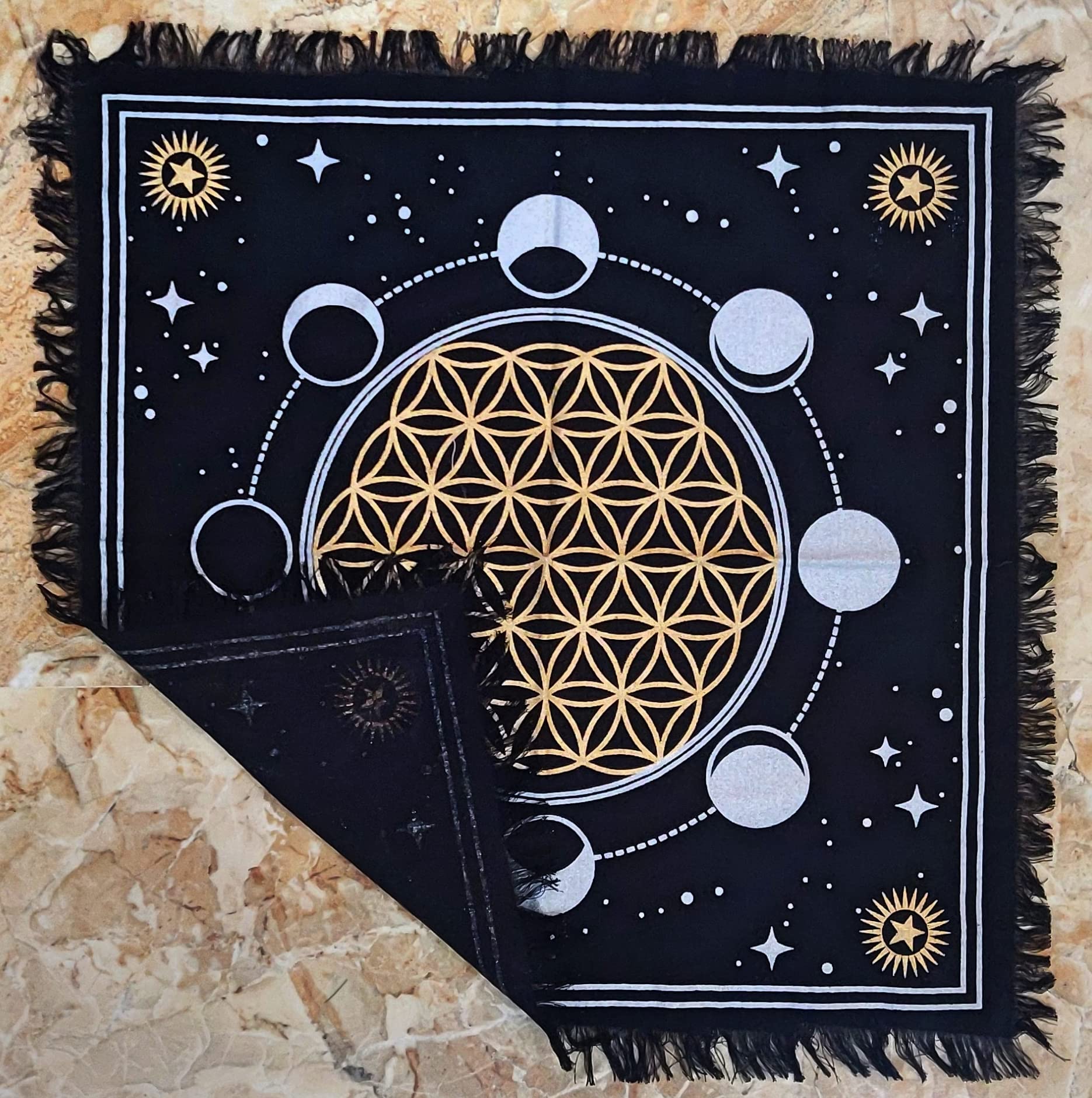 INDACORIFY Tovaglia Altare Zodiacale 46x46 Cm Con Frange - Stoffa Tarocchi Argento