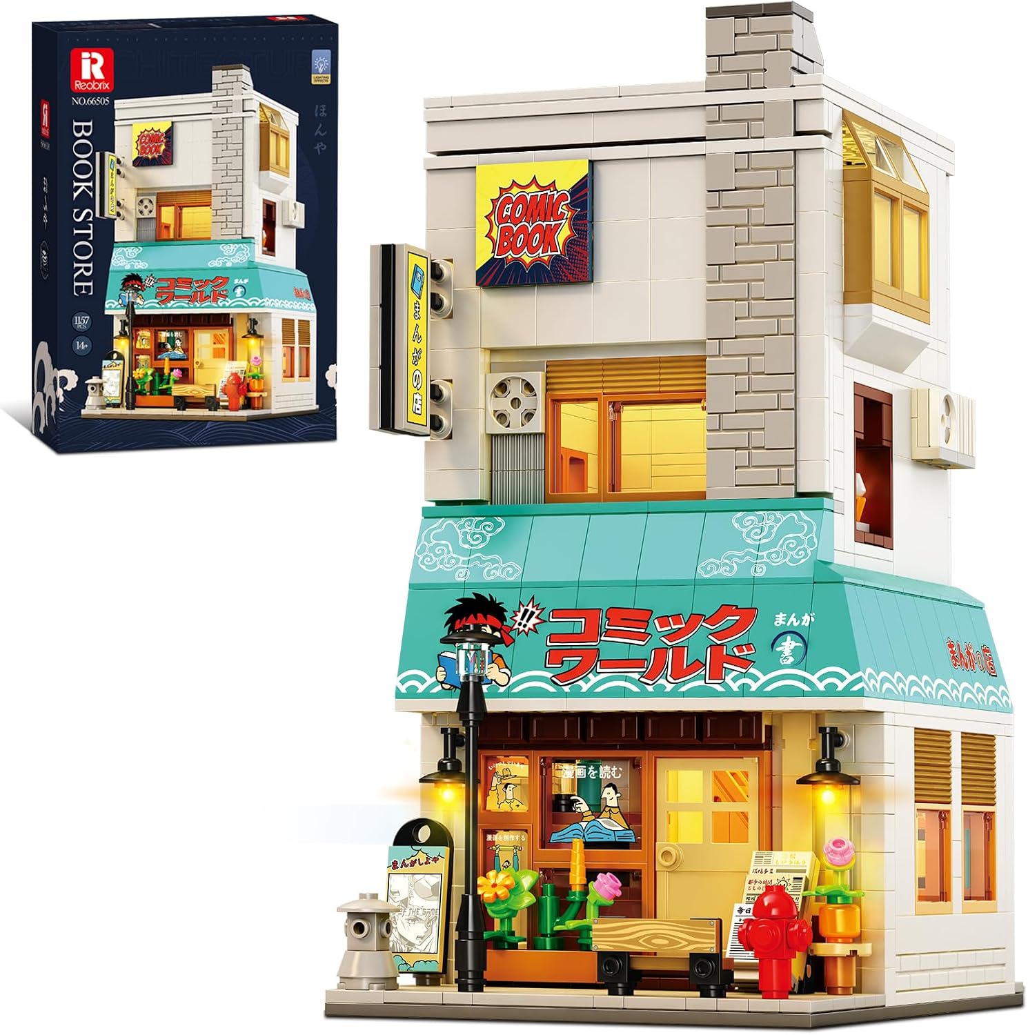 Reobrix Book Store Building Set with LED Light, 1157PCS Japanese Street View Bookstore Building Blocks Kit, Modular City Shop Architecture Model, Adult Collectible Display Gift for Teens 14+