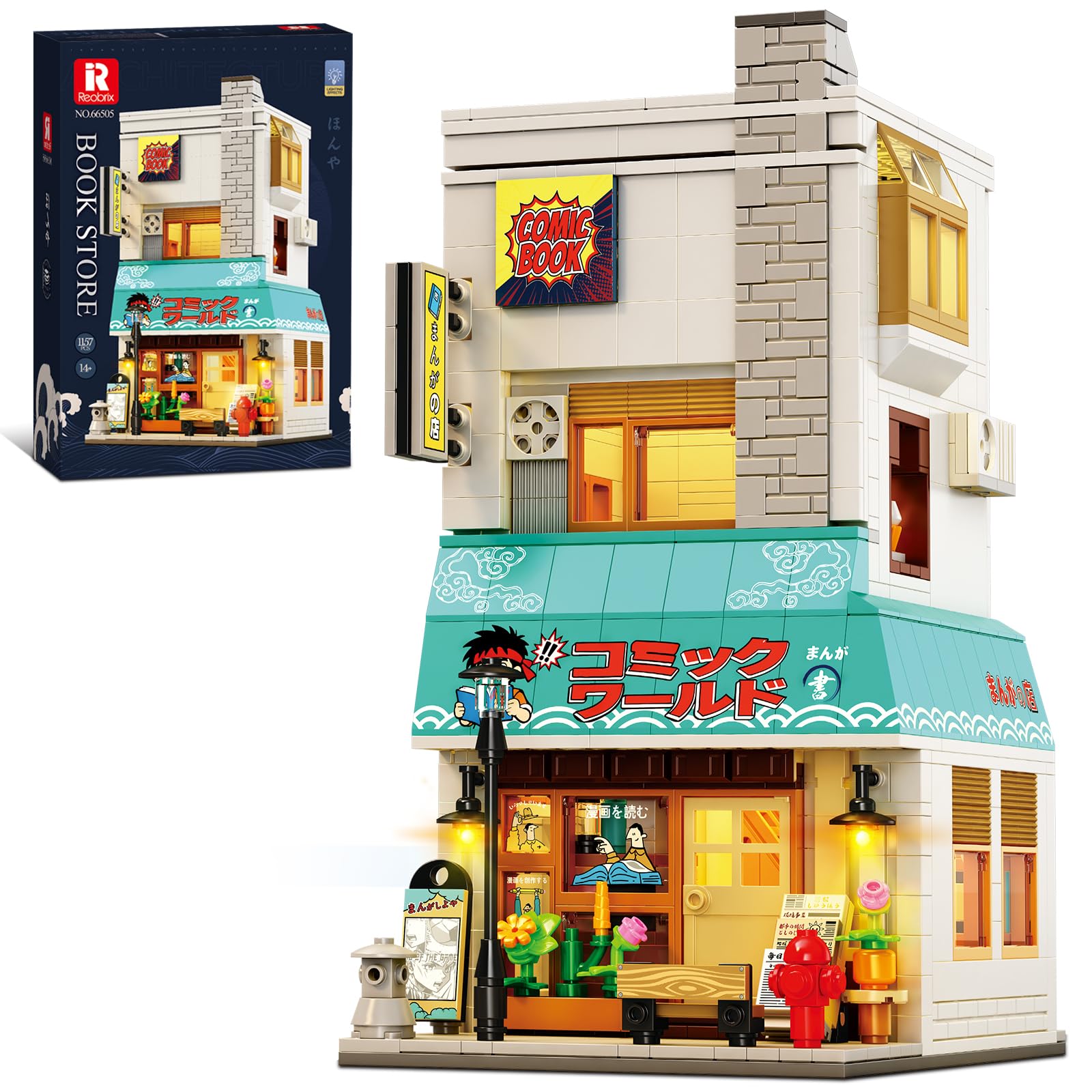 Reobrix 66505 - Juego de construcción de librería con luz LED, 1157 piezas de bloques de construcción de librería japonesa Street View, modelo de arquitectura modular de tienda de ciudad, regalo