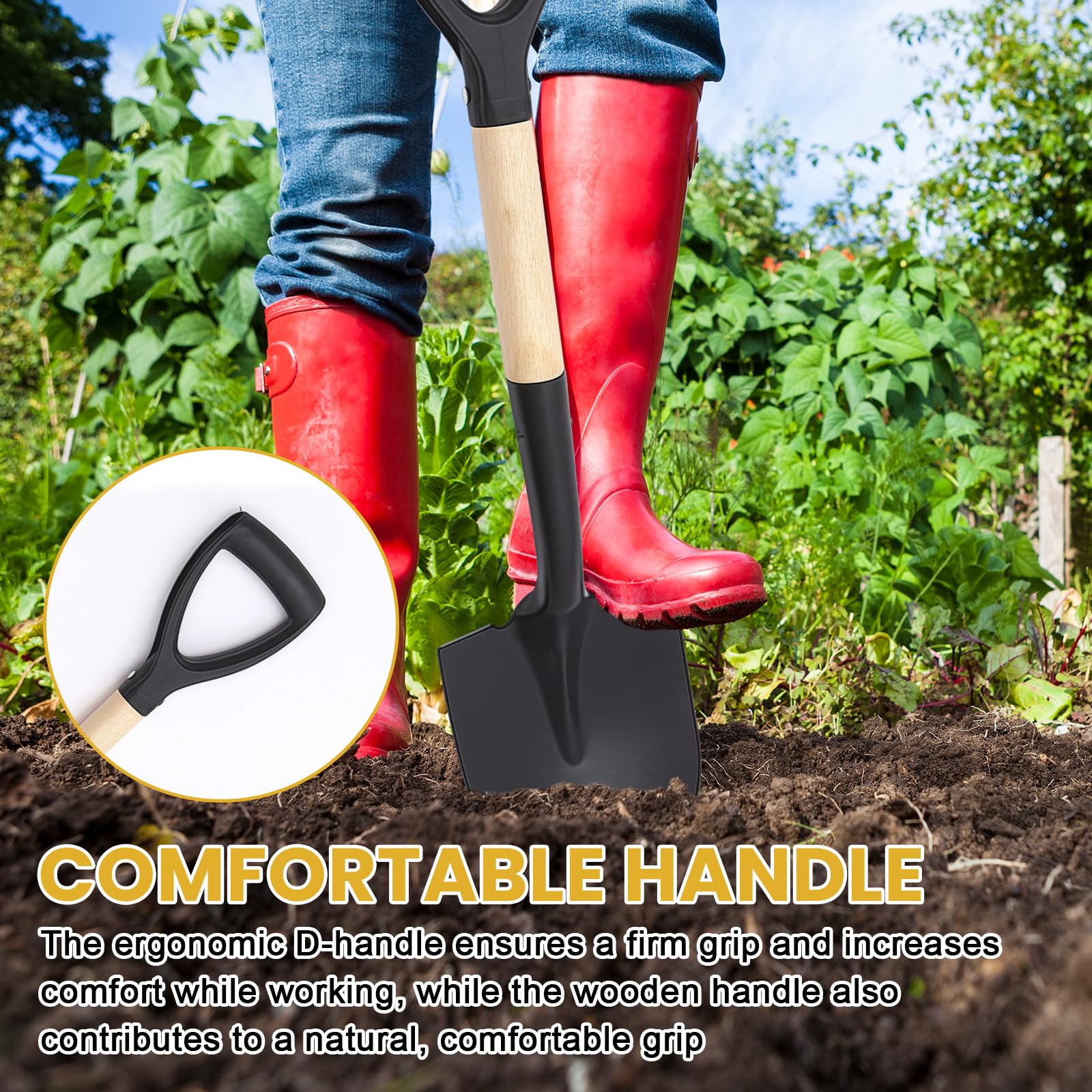 Nizirioo Vanga da giardino con manico in legno, D 68 cm, punta in acciaio, professionale per pavimenti duri (nero)
