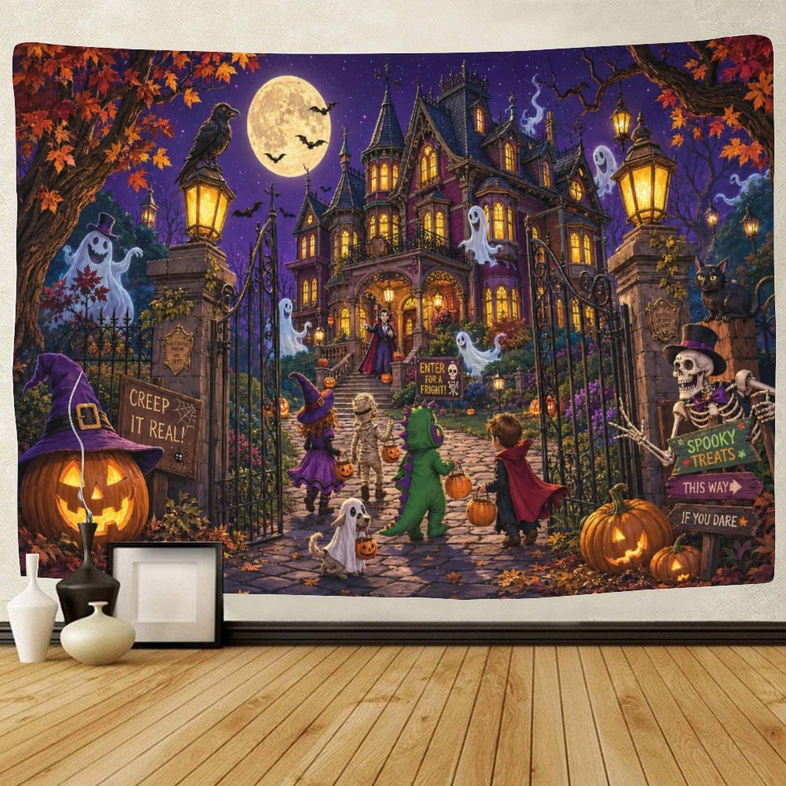 ASDFGHJKLZA Gothic Halloween Haunted House Wall Tapestry Wall Hanging Decor 3D Print Horror Tapestries Poster Home Decoration Bedroom College Dorm 130cmx150cm