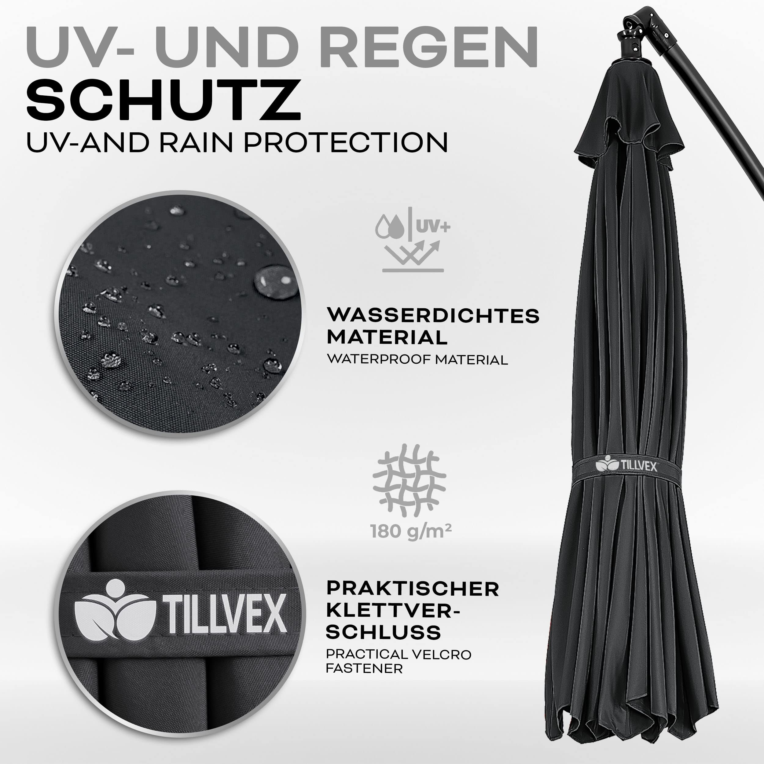 tillvex Aluminiowy parasol przeciwsłoneczny + osłona Ø 300 cm z korbą | parasol przeciwsłoneczny ze stojakiem i ochroną przed wiatrem | parasol ogrodowy, ochrona przed promieniowaniem UV, aluminium,