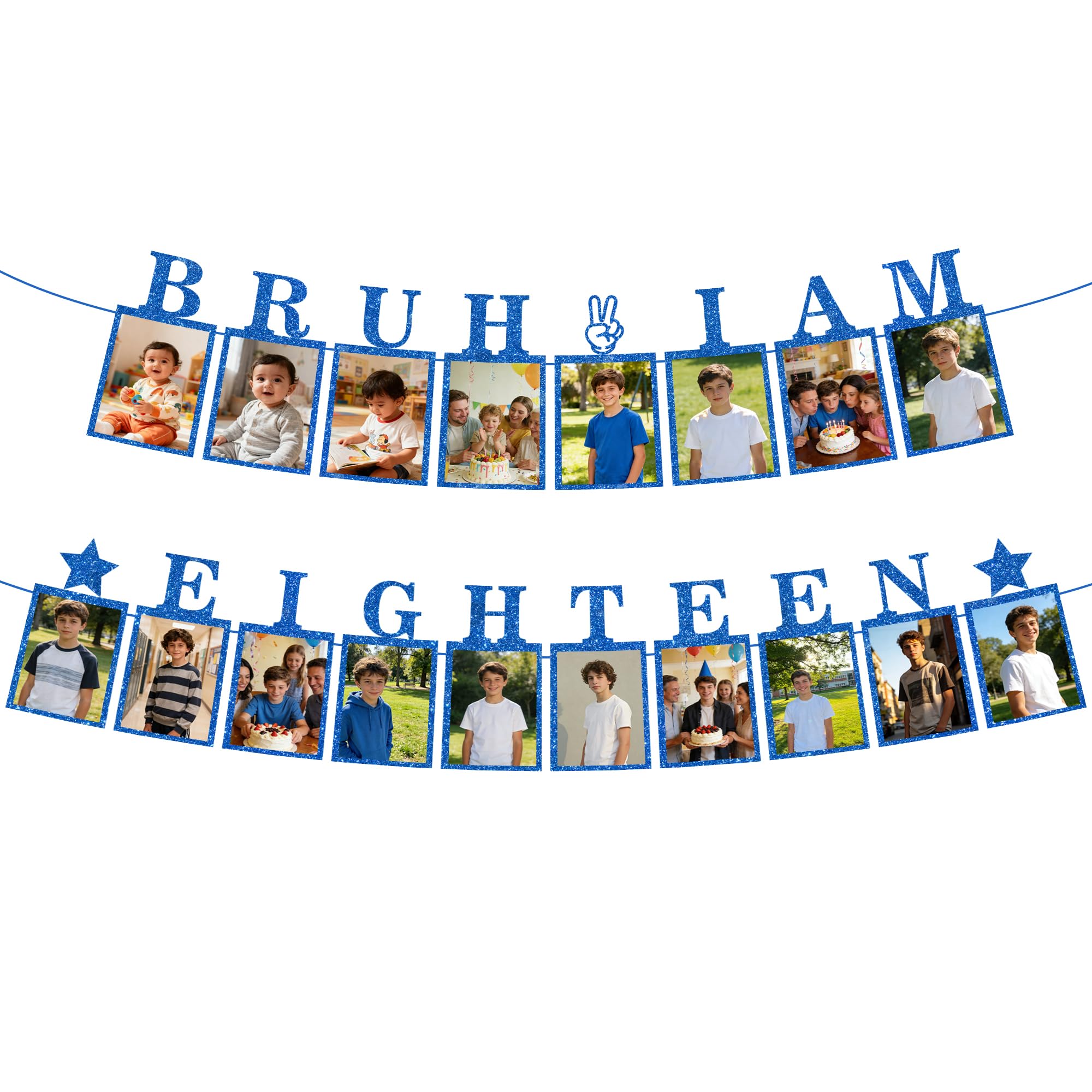 18th Birthday Decorations Banner Boy - 2 Pcs Blue Glitter Photo Banner Bruh I Am Eighteen with Photo Cards Pre Strung for Boys Happy 18 Year Old Teen Birthday Party Decor Supplies