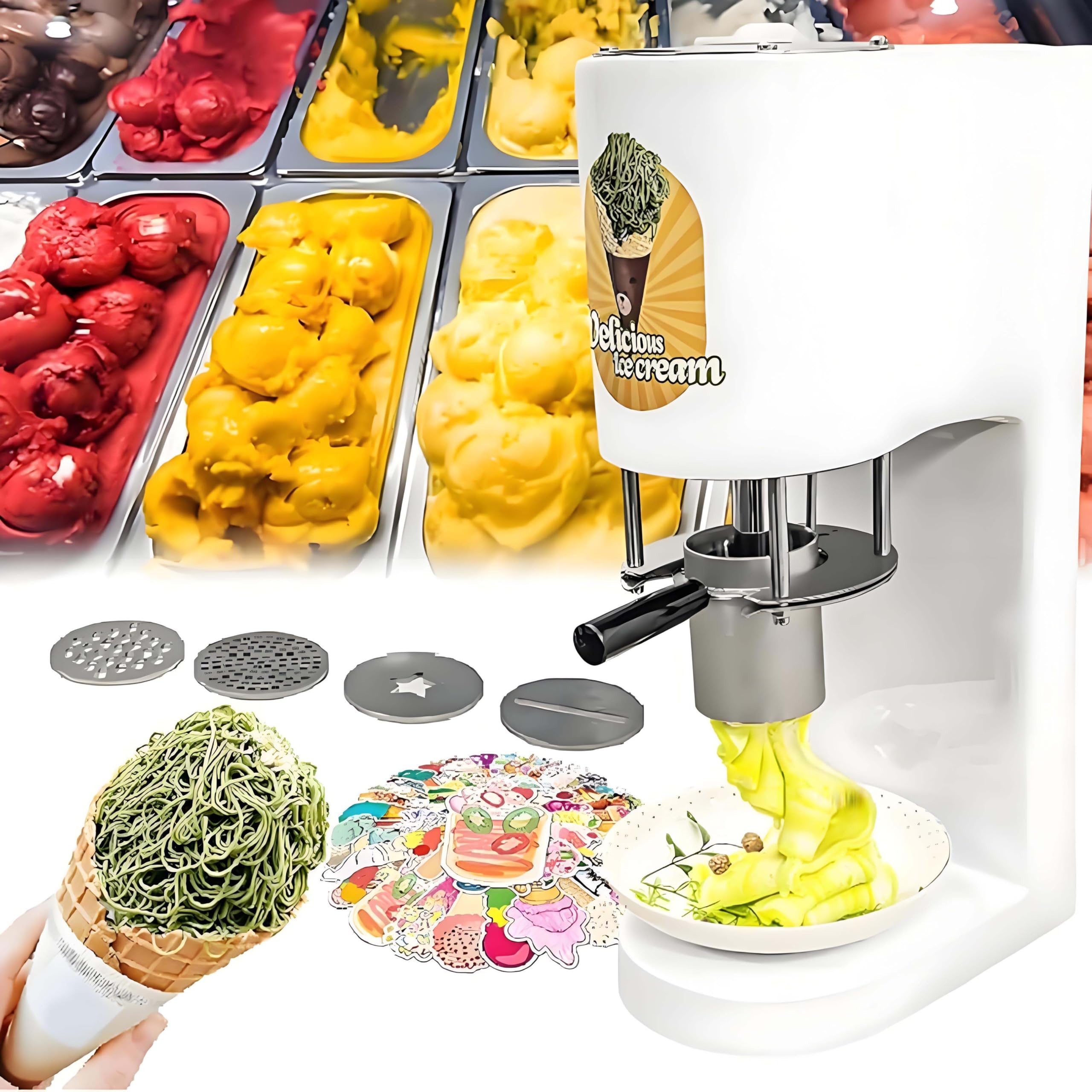 Komercyjna maszyna do lodów spaghetti,maszyna do lodów miękkich i gelato o mocy 80 W z 4 formami,zasobnikiem ze stali nierdzewnej o pojemności 0,42 l,maszyna do lodów makaronowych dla cukierni white
