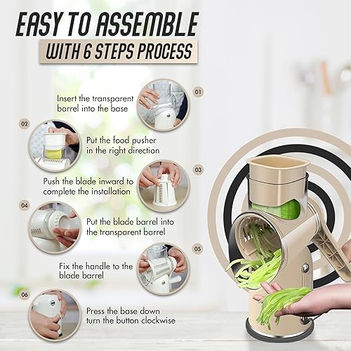 Miniatura 3 de Rallador de queso giratorio 5 en 1 con manivela de mano - Rebanador multifuncional de verduras, trituradora de nueces y quesos - Rallador de