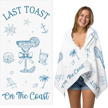 R HORSE Last Toast on The Coast Beach Towel for Women, Blue Bow Bachelorette Beach Towel, 30 x 60 inch Quick Dry Sand Free Blanket for Wedding Bridal Shower Honeymoon Engagement Bachelorette Party
