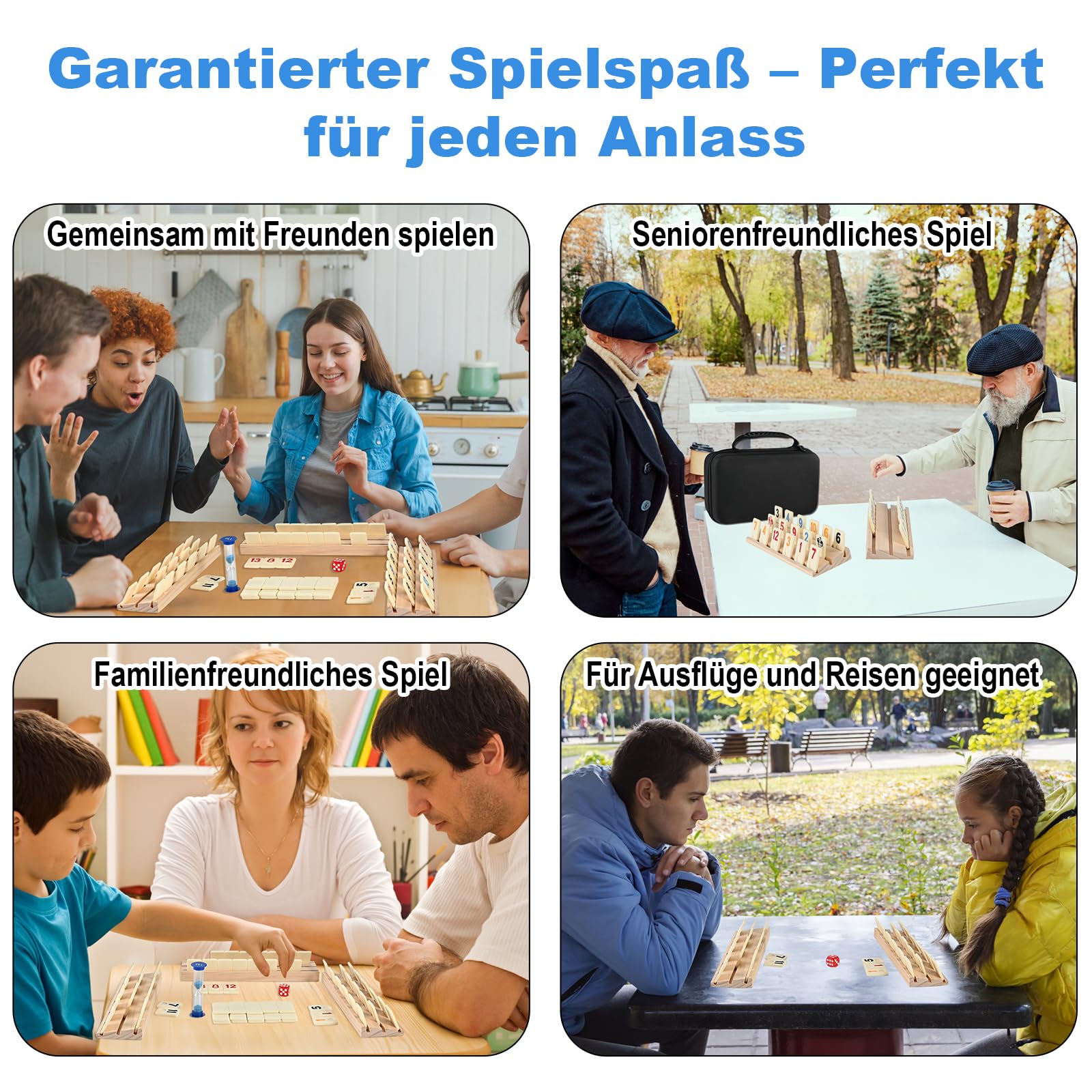 Wooderma Rummy Holz Spiel – Rummy Cup Set mit 160 Spielsteinen & 6 Holzhaltern, Brettspiel für 2–6 Spieler ab 8 Jahren