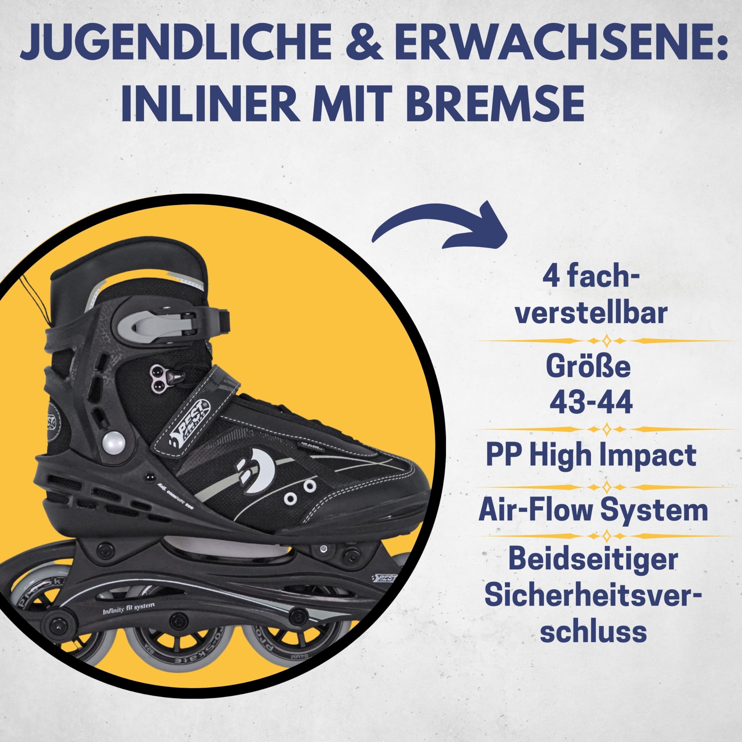 Best Sporting Inline Skates Erwachsene & Jugendliche I Rollschuhe Erwachsene I Breitenverstellung bis 6 mm I robuste Inliner mit Bremse I schwarz I Rollerskates Schuhe I Inliner mit 4 Rollen
