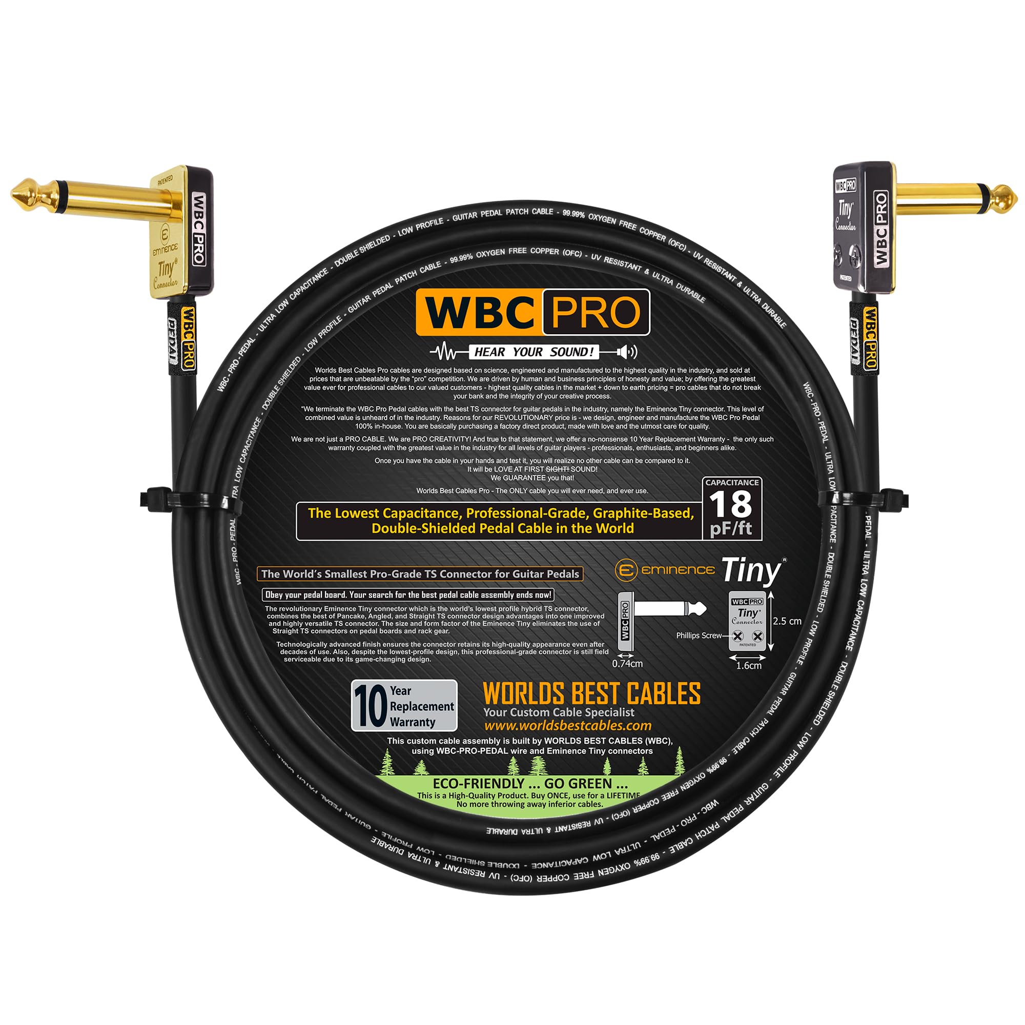 24 Inch - WBC-PRO-PEDAL – 22 AWG - Low-Cap (18pF/ft) – Pro-Grade – Graphite-based - Dual-Shielded Pedal, Effects, Patch, instrument cable with Eminence Tiny Gold Plated Angled TS Connectors