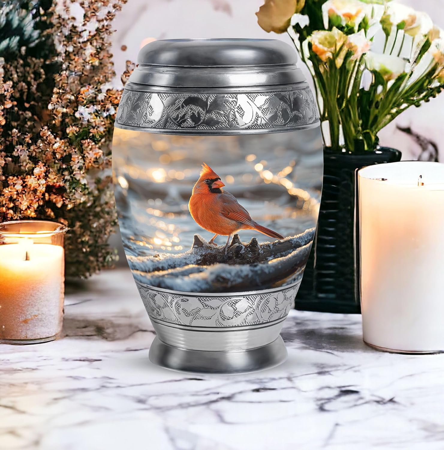 Cardinal Bird Urn, Pack of 3 (10 Inch with 3 Inch, Set of 2) for Human Ashes, Gray