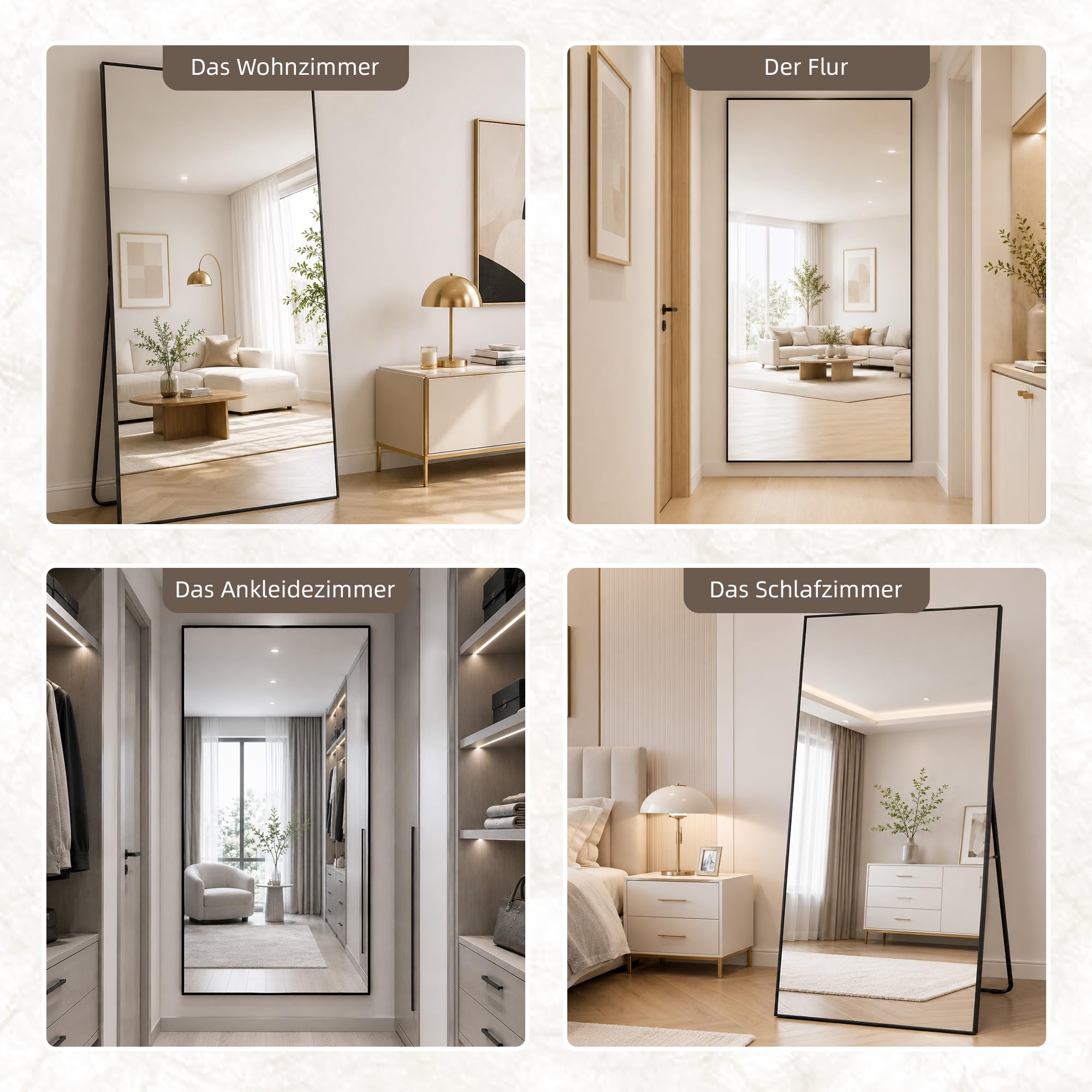 Aplancee Ganzkörperspiegel Standspiegel 190x85 cm, Großer Bodenspiegel zum Anlehnen oder Aufhängen, Rechteckig HD-Spiegel für Ankleidezimmer Schlafzimmer Wohnzimmer, Schwarz