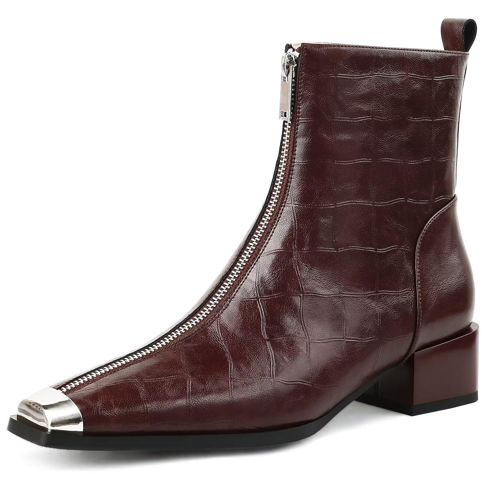 Husmeu Womens Ankle Boots Low Chunky Heel Short Genuine Leather Zip Up Metal Toe Fall Booties with Front