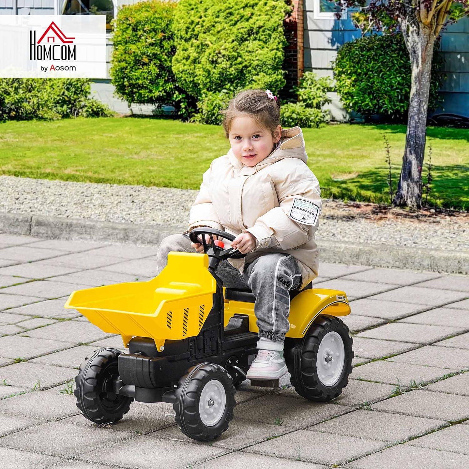 Aosom Ride On Excavator with Manual Control Bucket, No Power Ride on Tractor Pedal Car Pretend Play with Forward Backward, for Aged 3-6 Years Old, Yellow